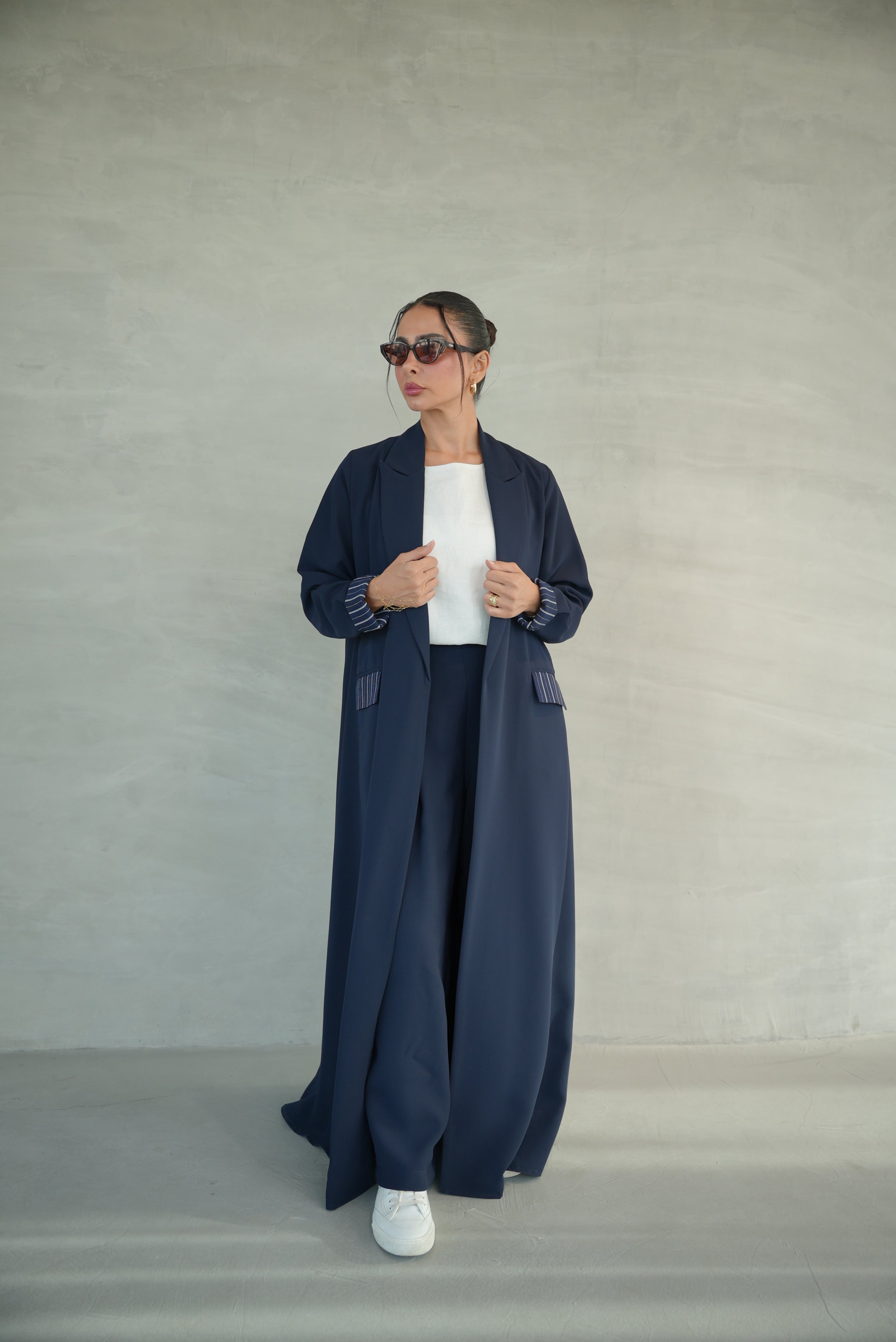 Navy Crepe Abaya with Striped Trim Detail-1946