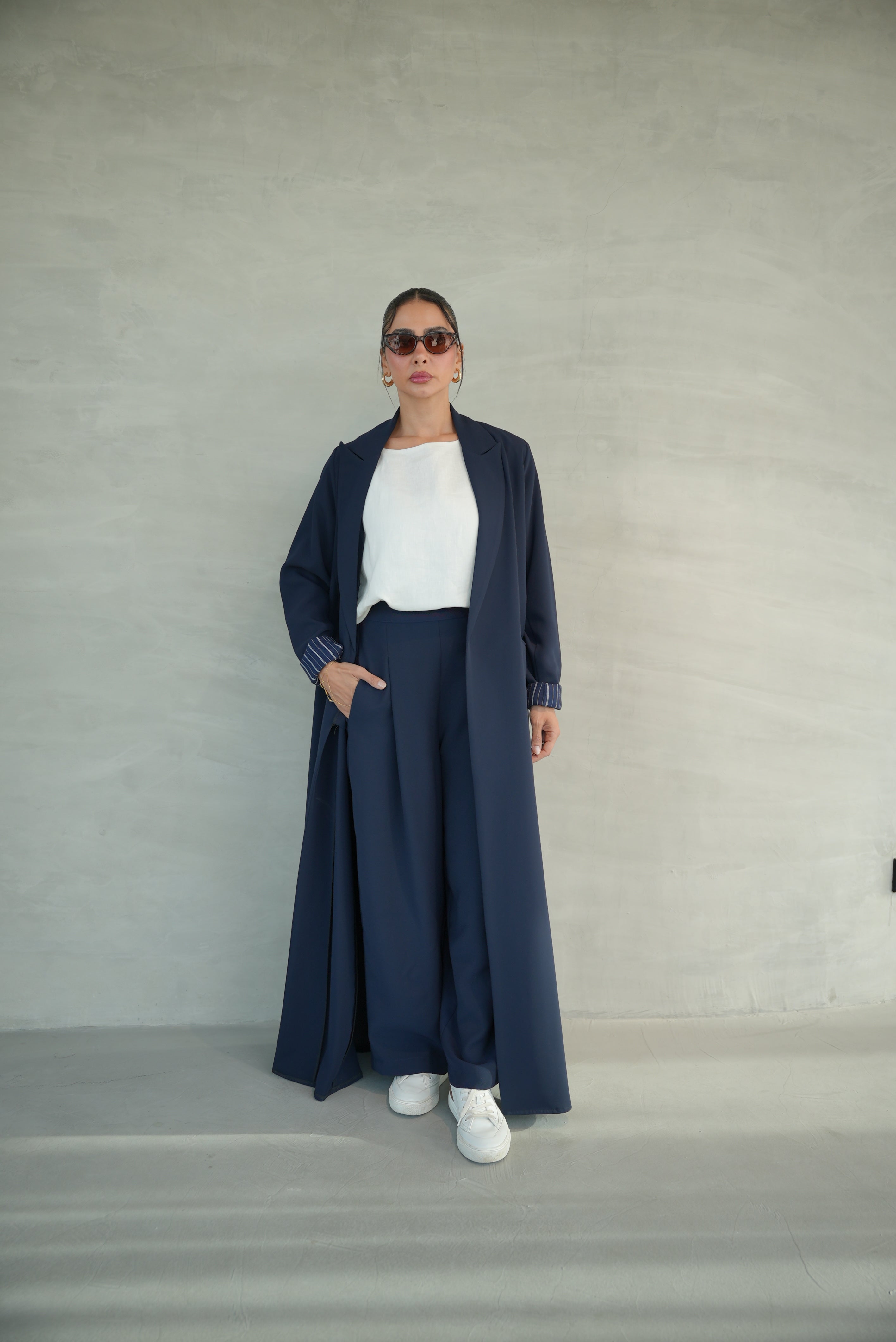 Navy Crepe Abaya with Striped Trim Detail-1946