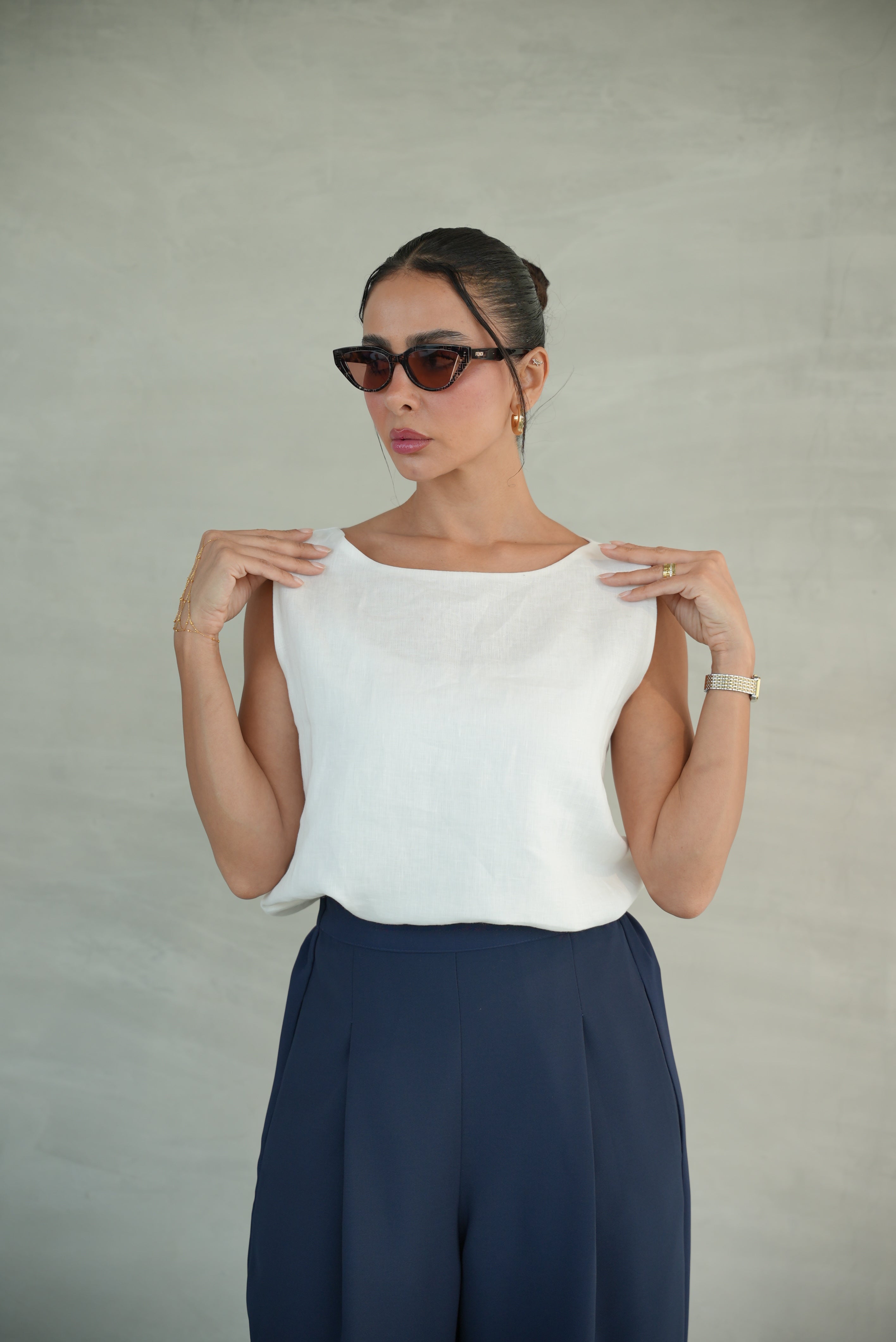 white Crepe Blouse with navy Crepe Pants -1956