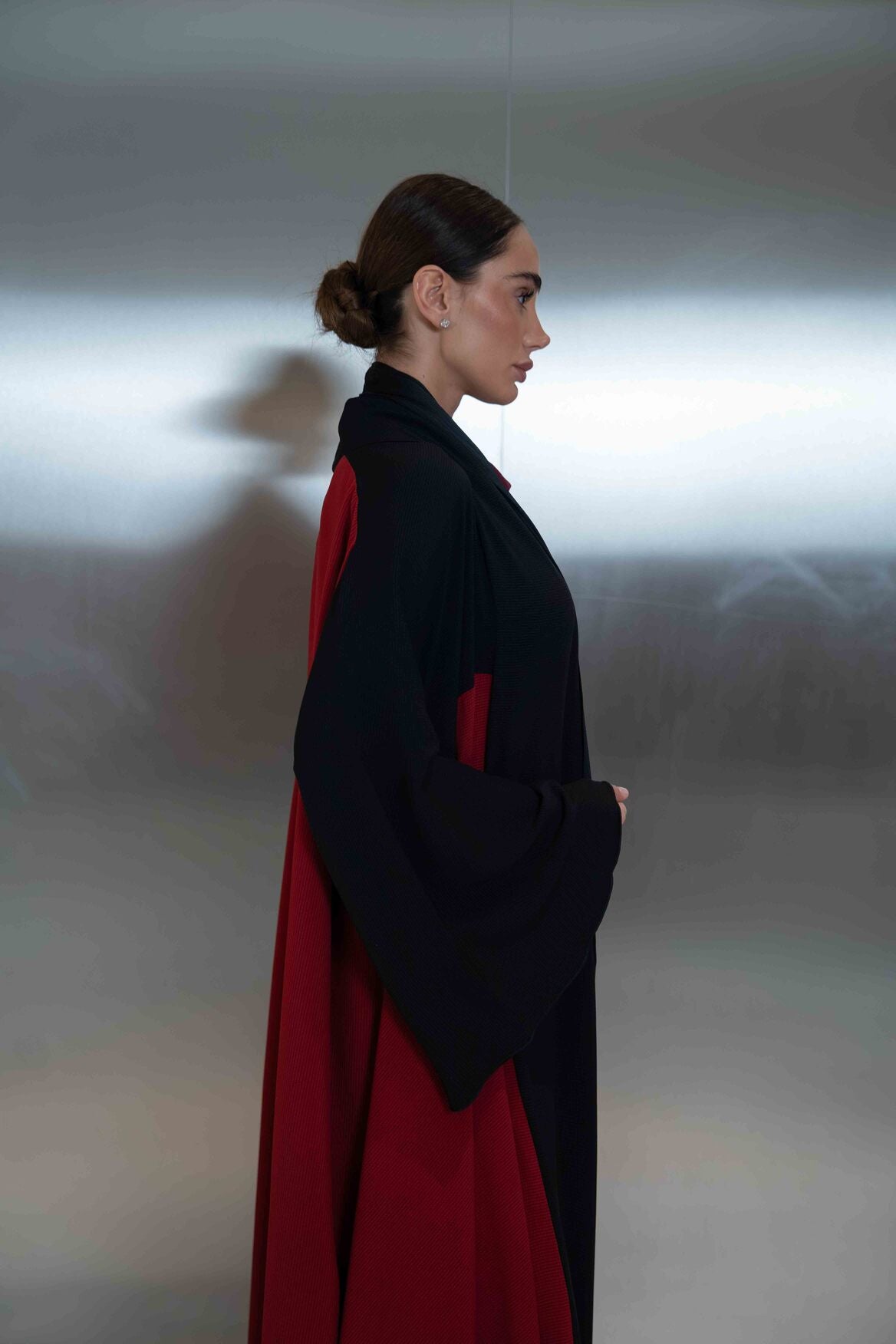 Navy & Cherry Silk Crepe Abaya – 2064