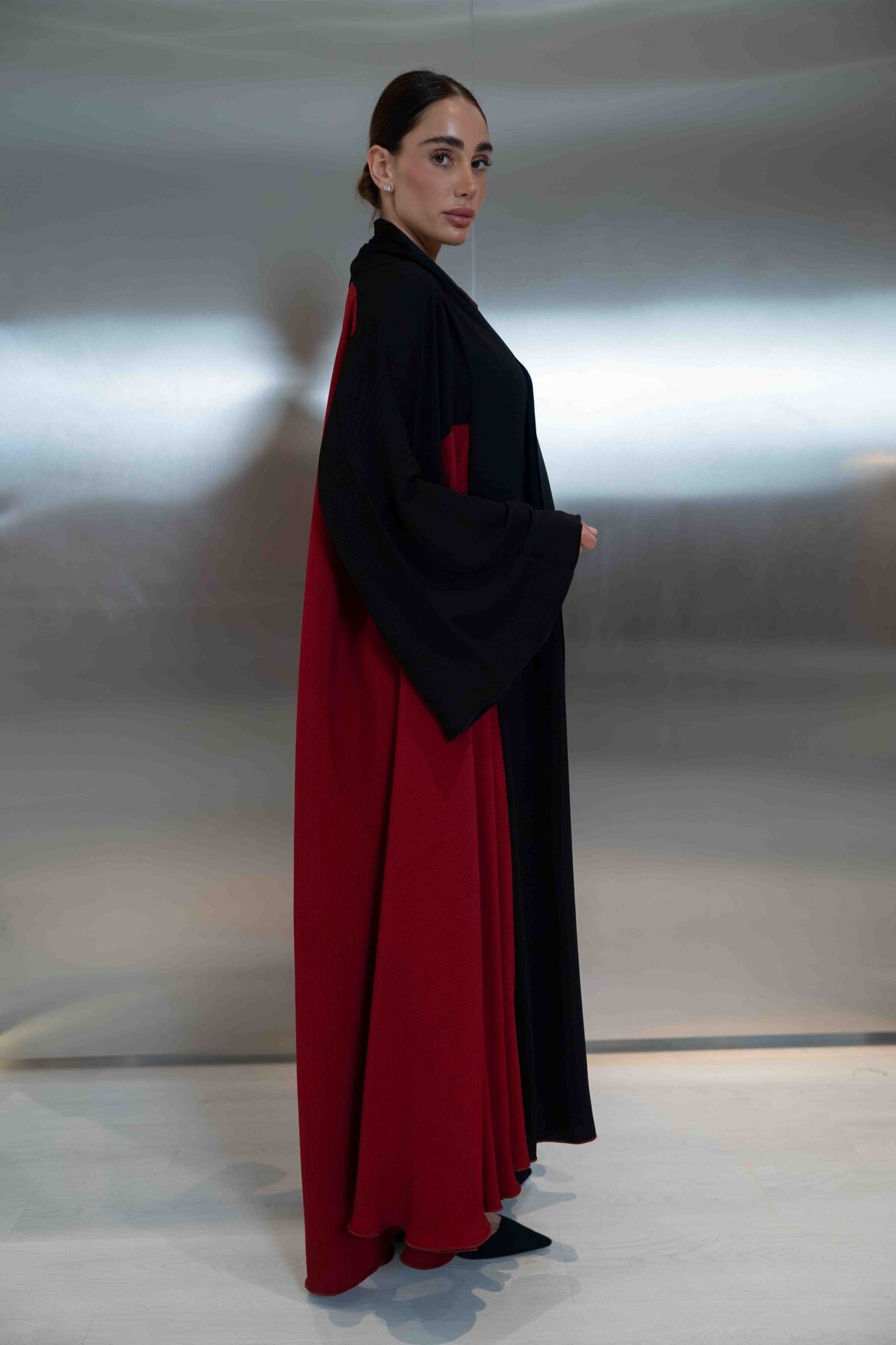 Navy & Cherry Silk Crepe Abaya – 2064