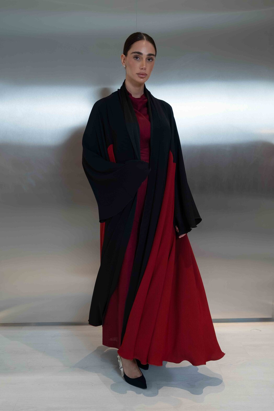 Navy & Cherry Silk Crepe Abaya – 2064