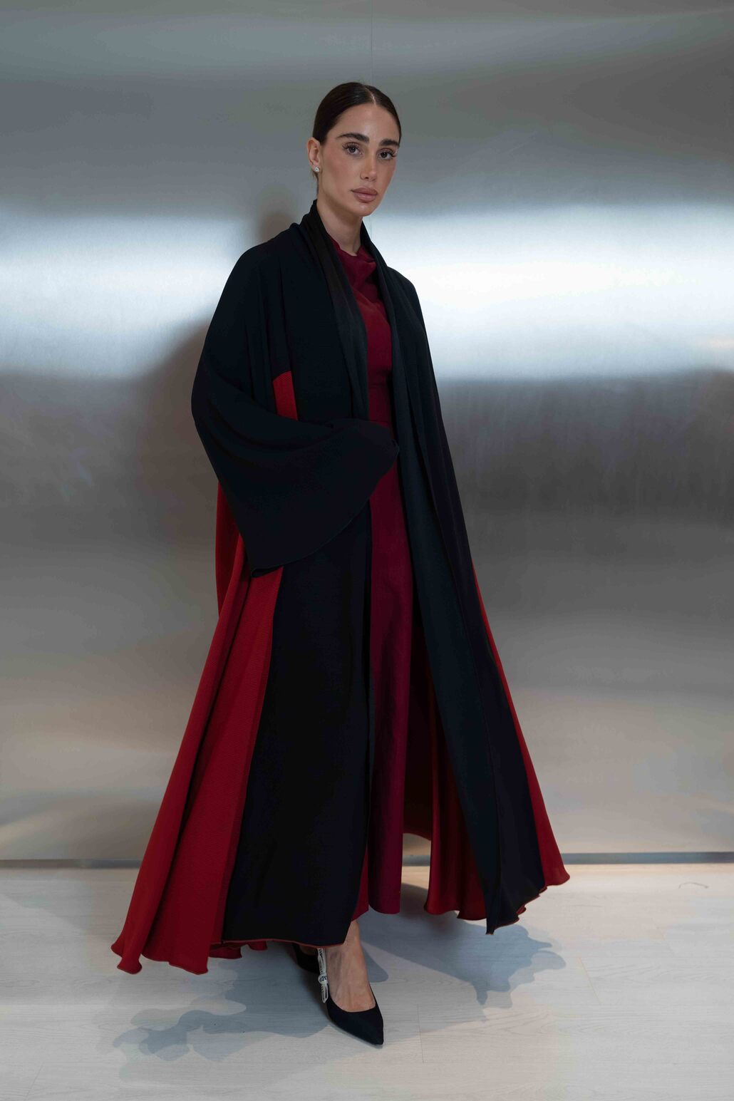 Navy & Cherry Silk Crepe Abaya – 2064
