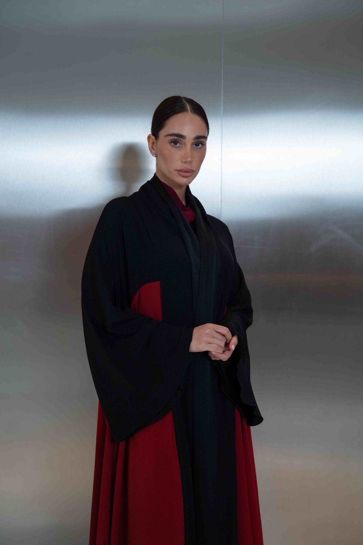 Navy & Cherry Silk Crepe Abaya – 2064