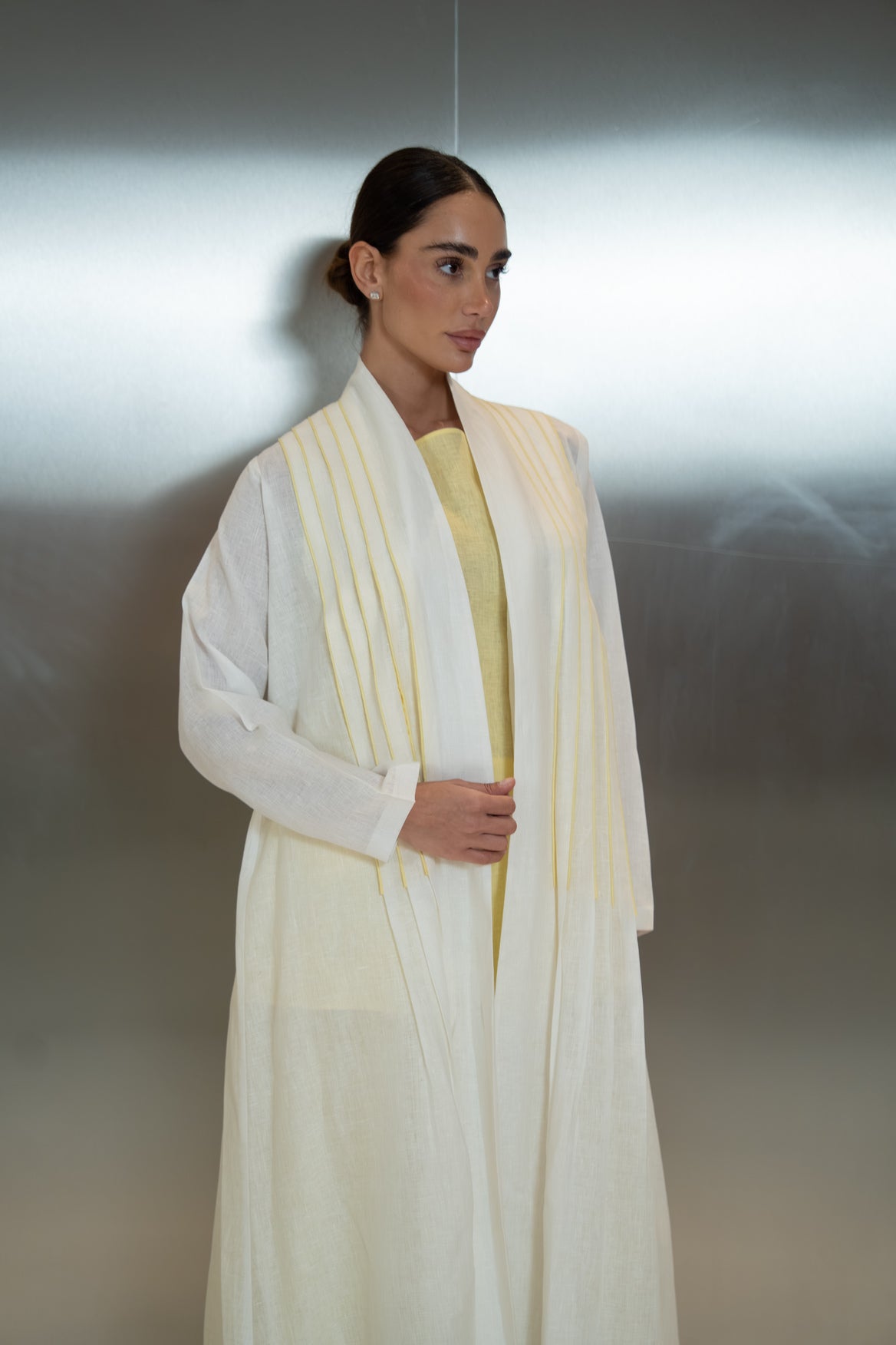 Off-white linen abaya with front and back pleats and yellow trim-2042