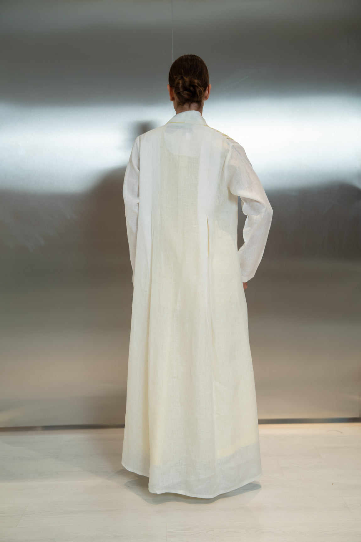 Off-white linen abaya with front and back pleats and yellow trim-2042