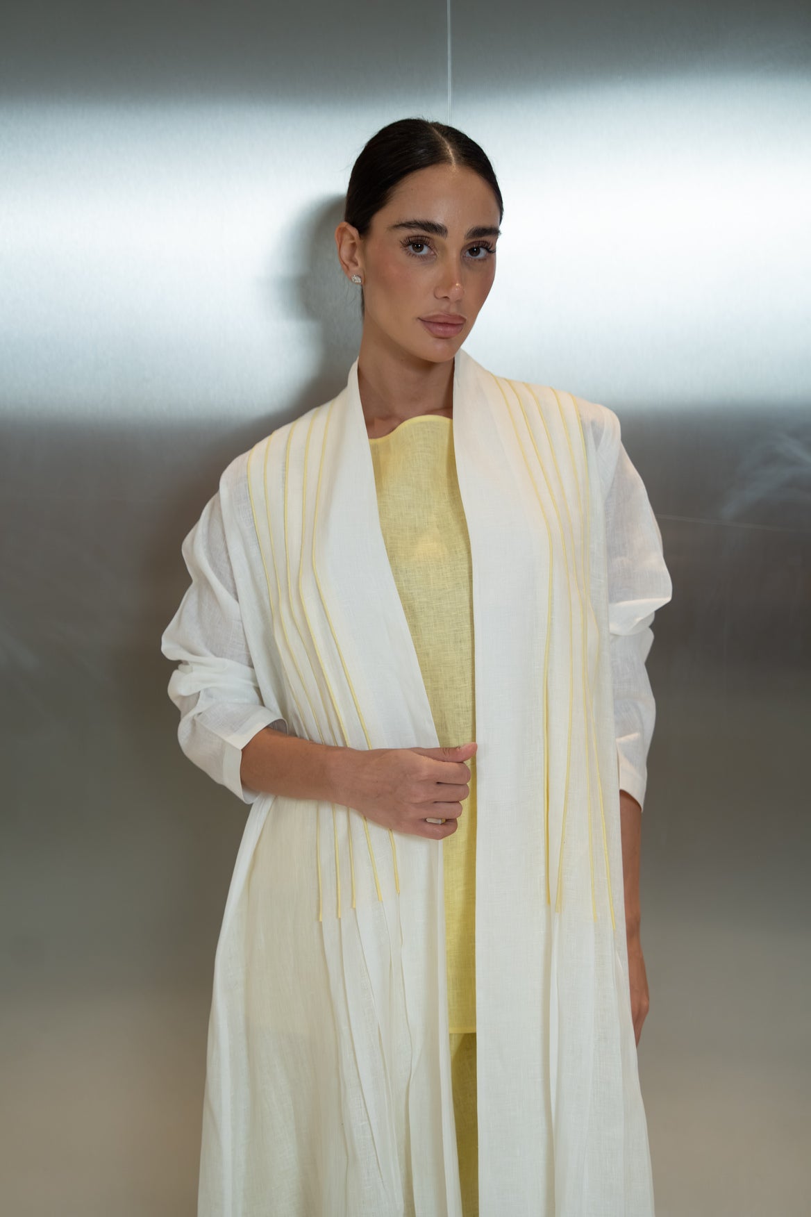 Off-white linen abaya with front and back pleats and yellow trim-2042