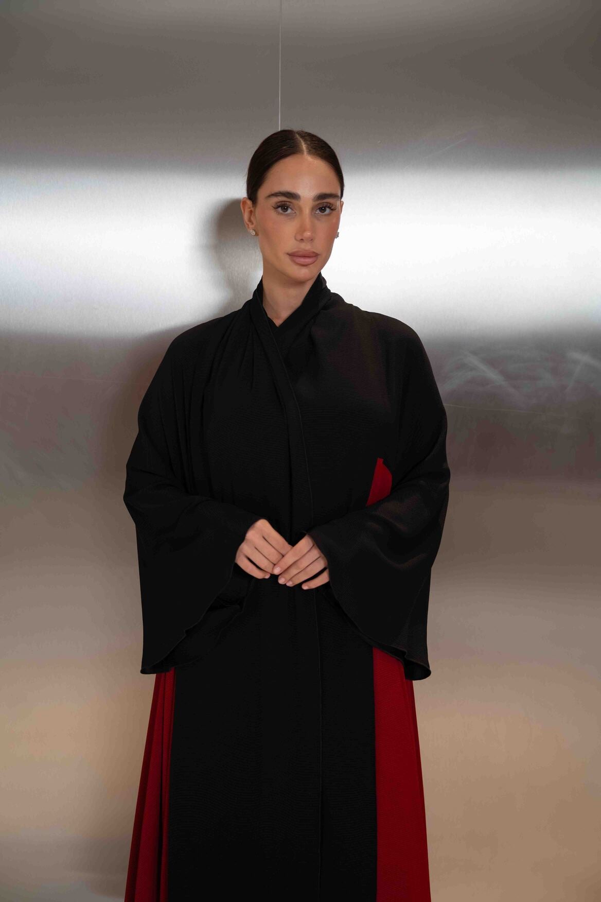 Navy & Cherry Silk Crepe Abaya – 2064