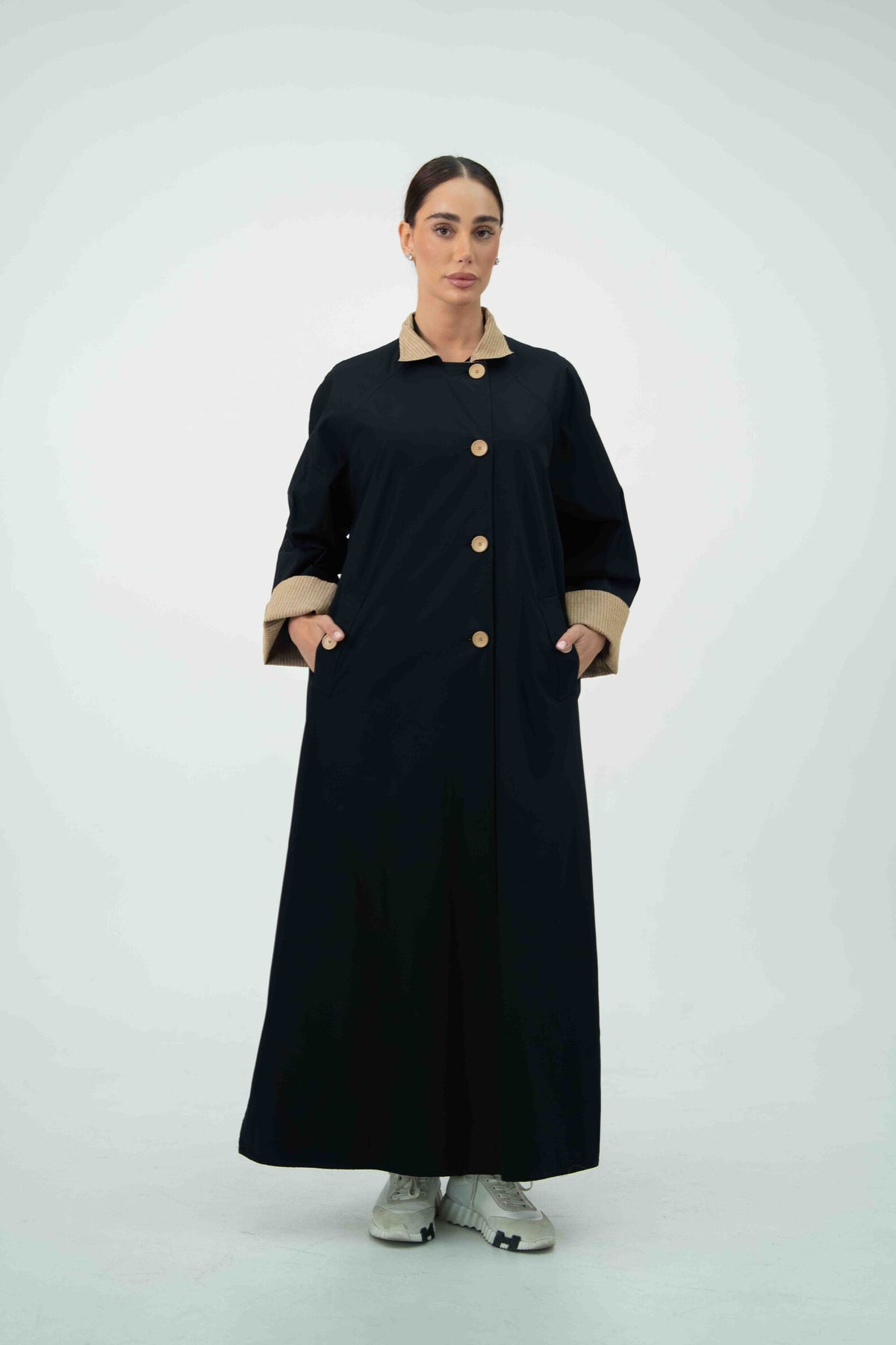 Black Trench Coat Abaya with Beige Striped Lining - 2044