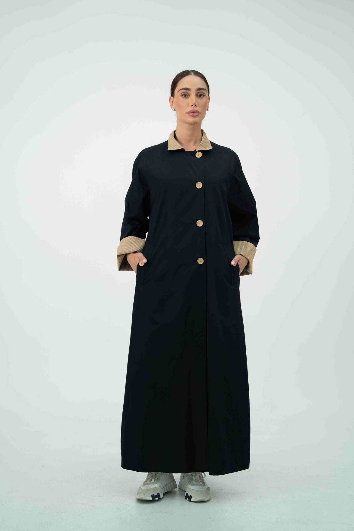 Black Trench Coat Abaya with Beige Striped Lining - 2044