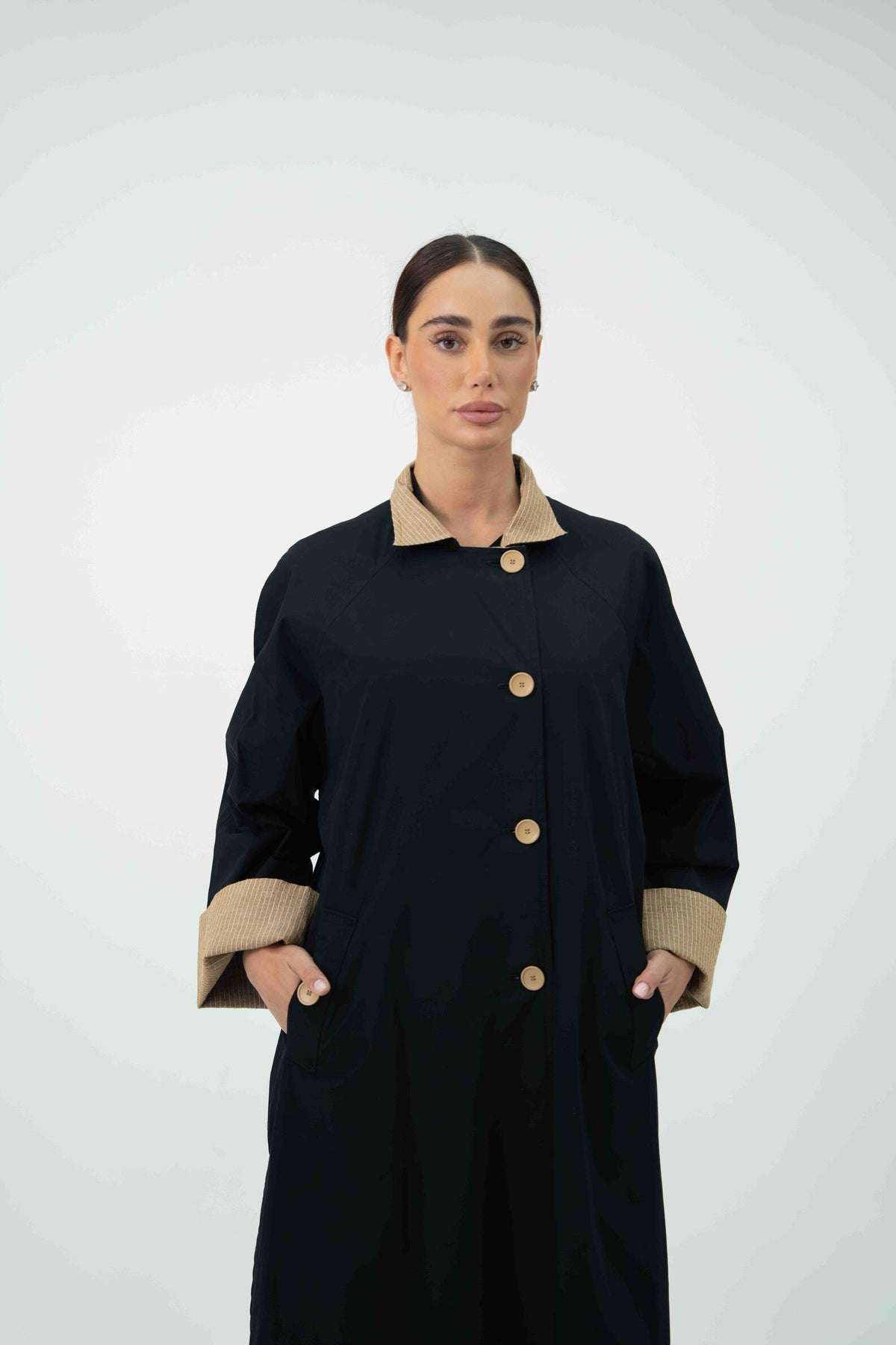 Black Trench Coat Abaya with Beige Striped Lining - 2044