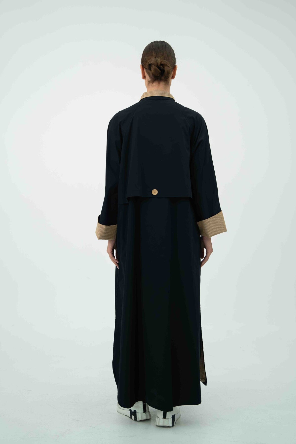 Black Trench Coat Abaya with Beige Striped Lining - 2044