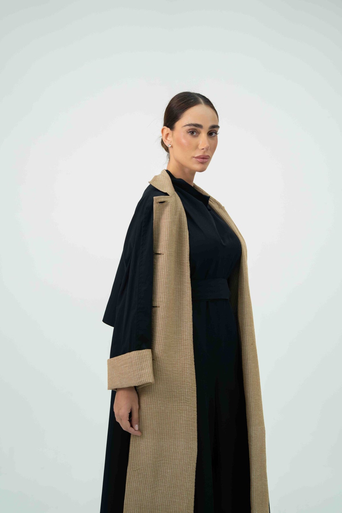 Black Trench Coat Abaya with Beige Striped Lining - 2044