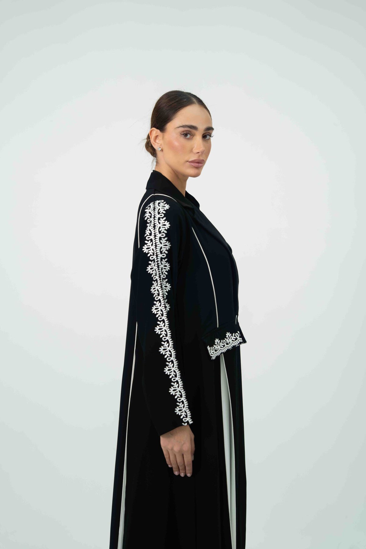Black Crepe Abaya with Off-White Embroidery - 2045