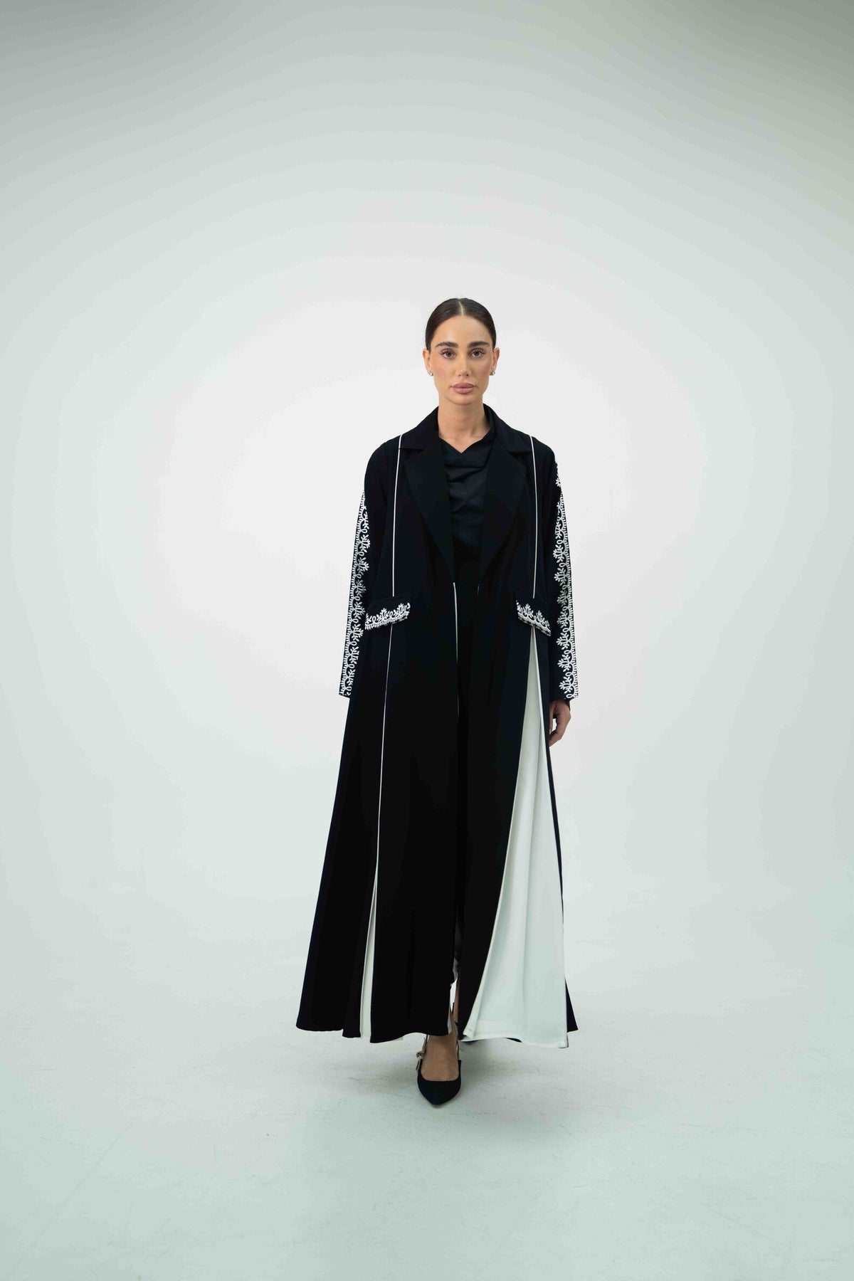 Black Crepe Abaya with Off-White Embroidery - 2045