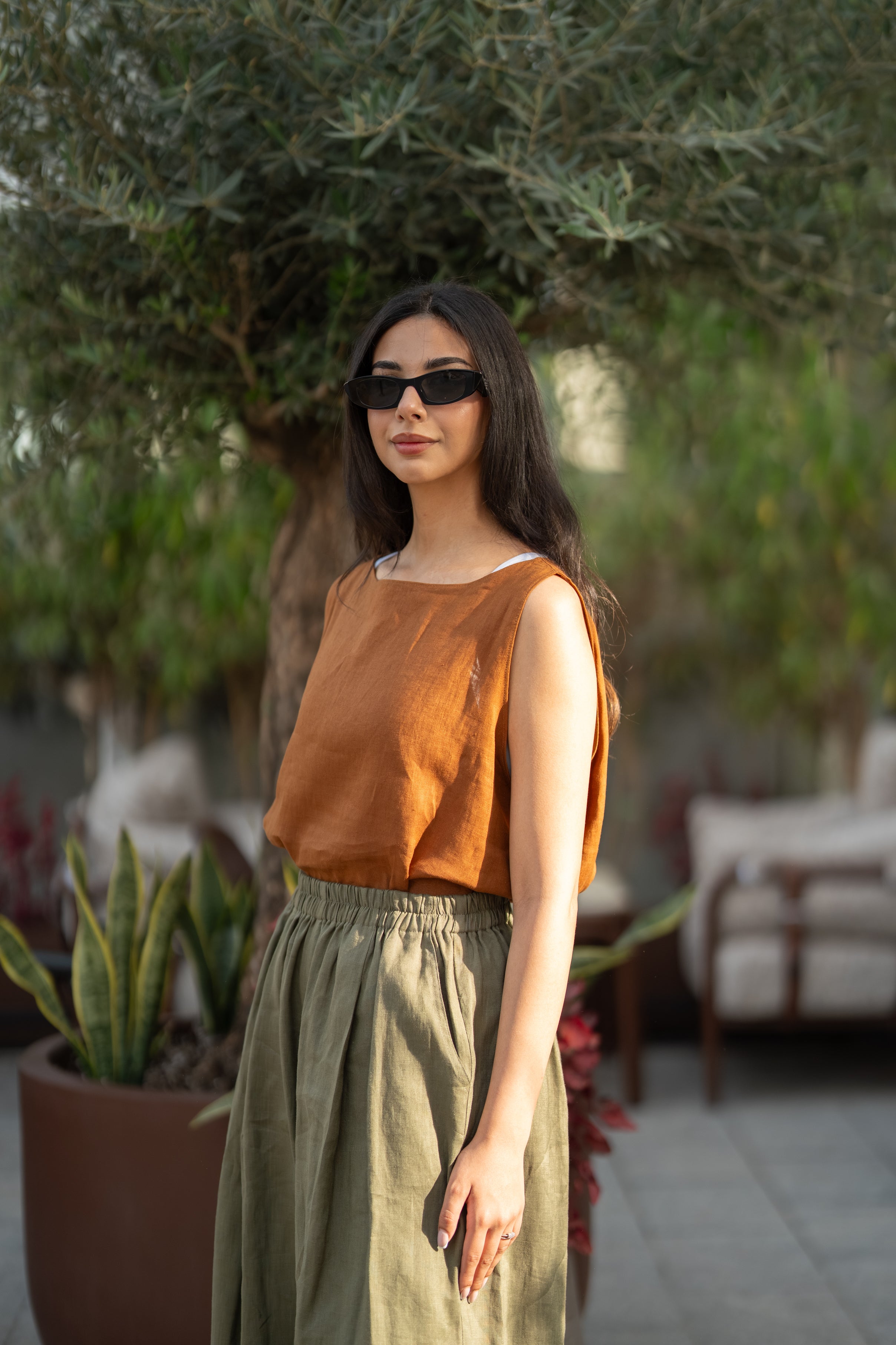 Camel blouse and olive green pants set in linen fabric-2018