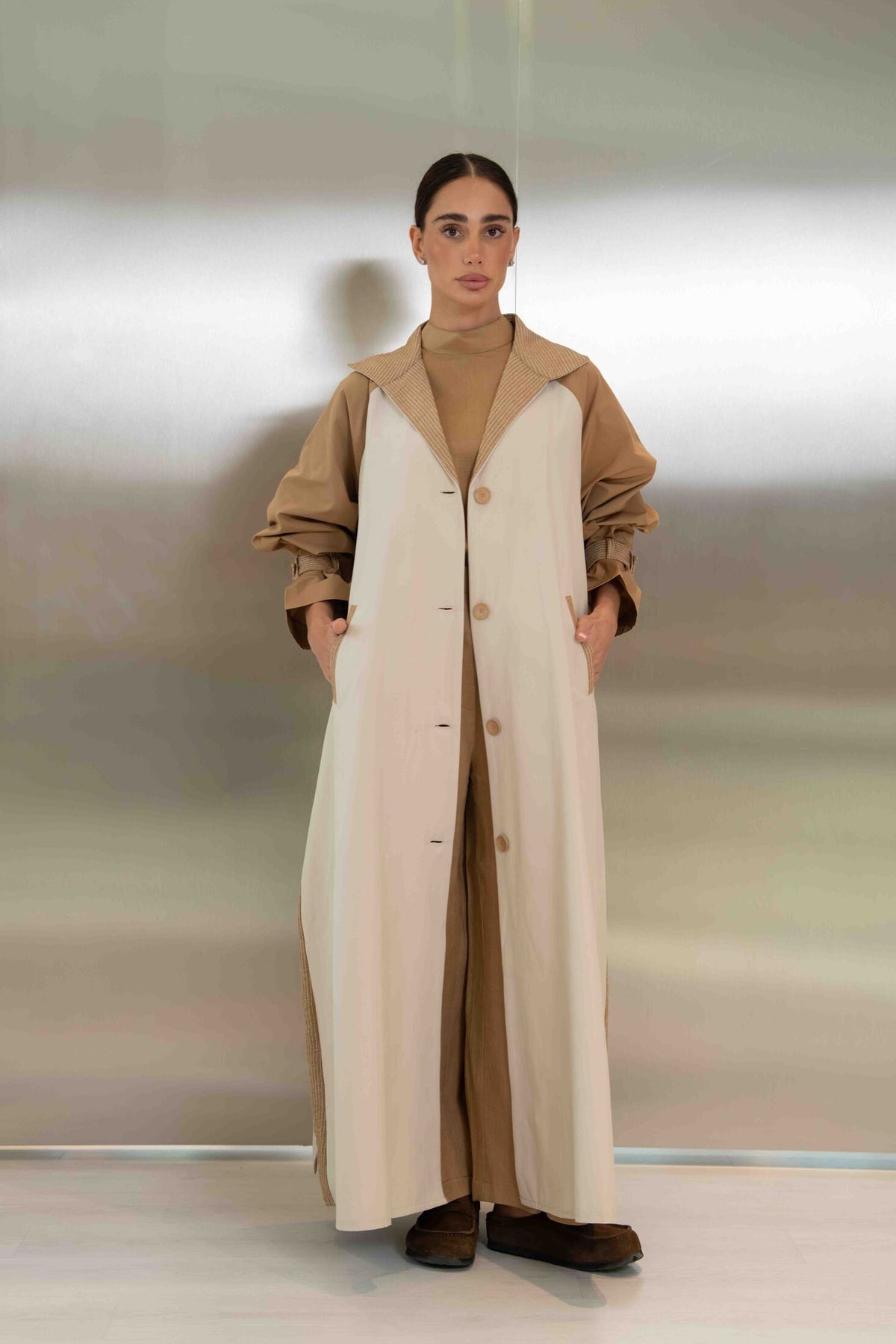 Beige & Light Beige Striped Trench Coat Abaya – 2061