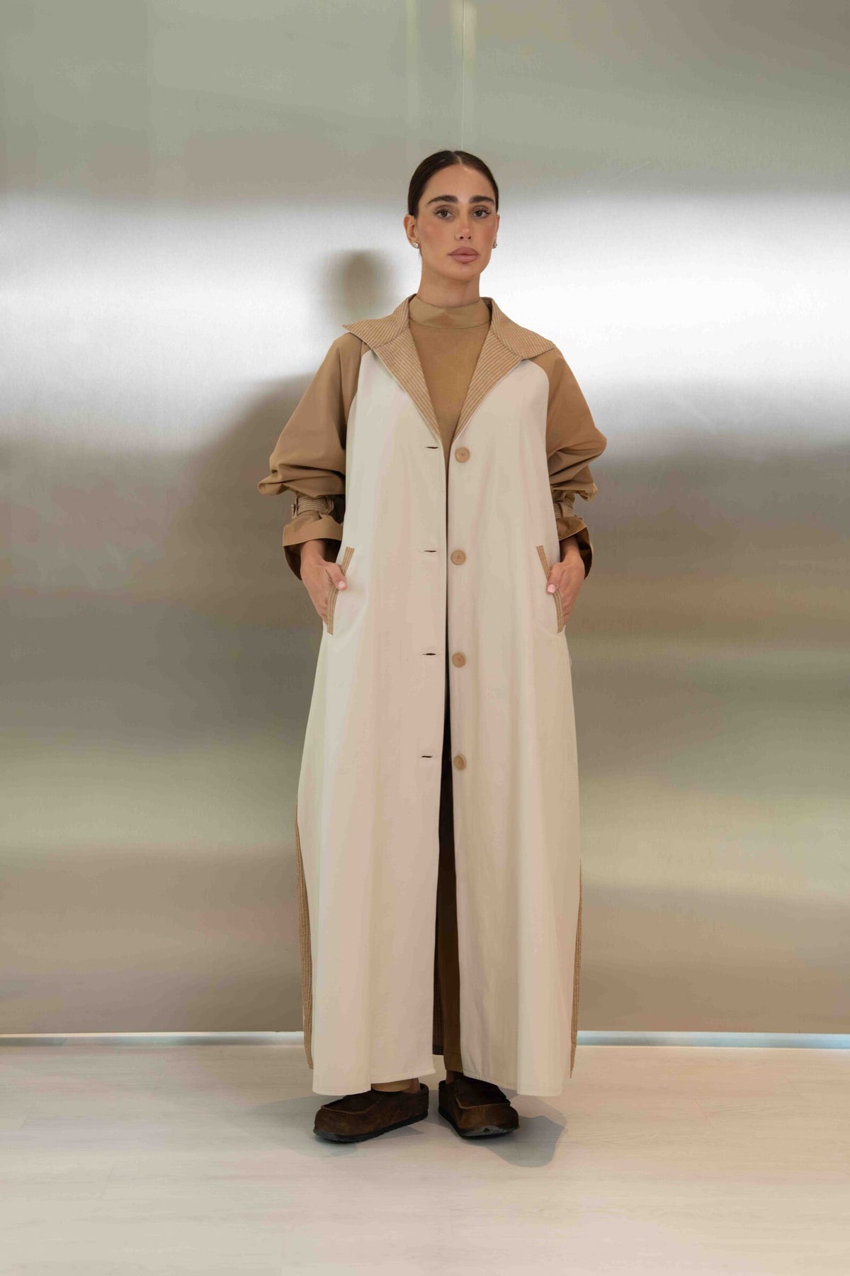 Beige & Light Beige Striped Trench Coat Abaya – 2061