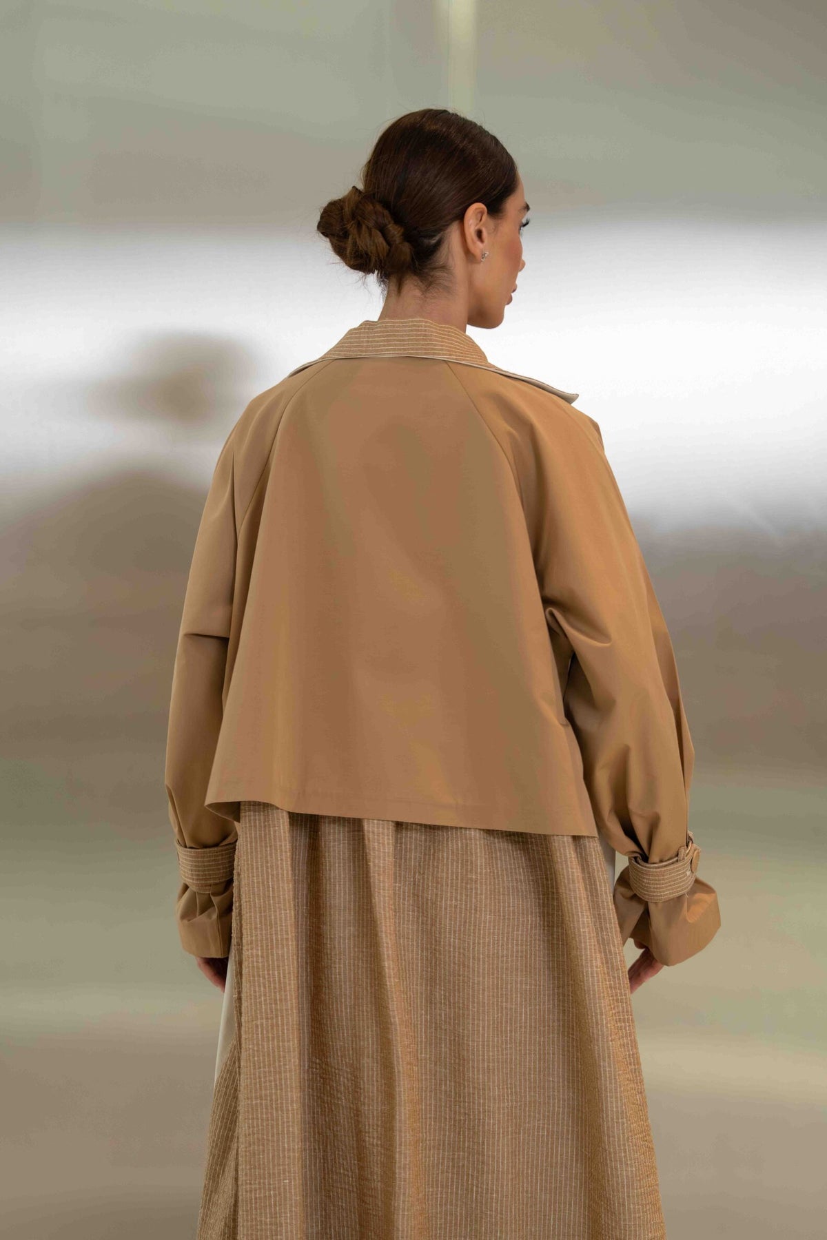 Beige & Light Beige Striped Trench Coat Abaya – 2061