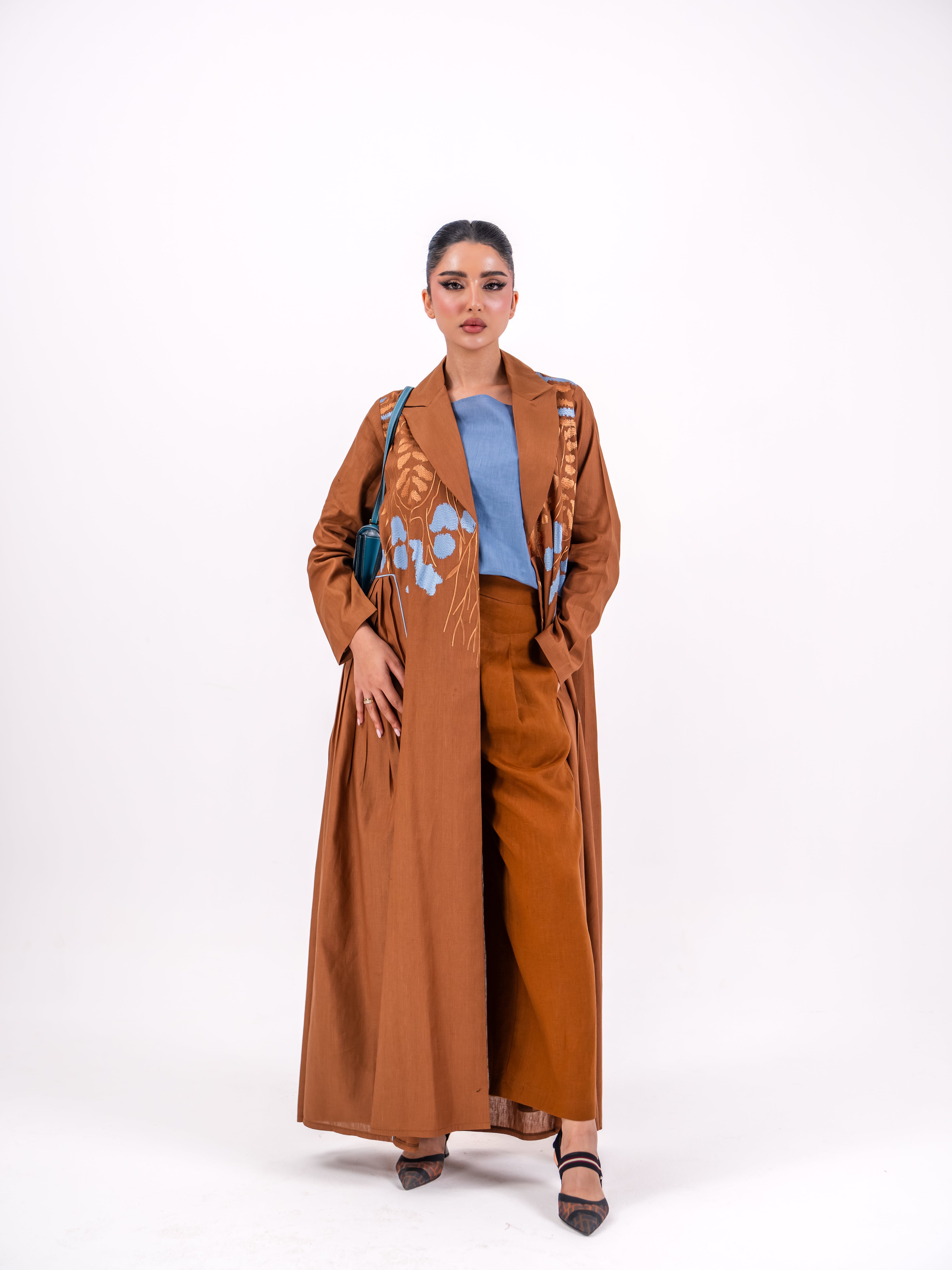 Camel Linen Abaya with Blue Embroidery