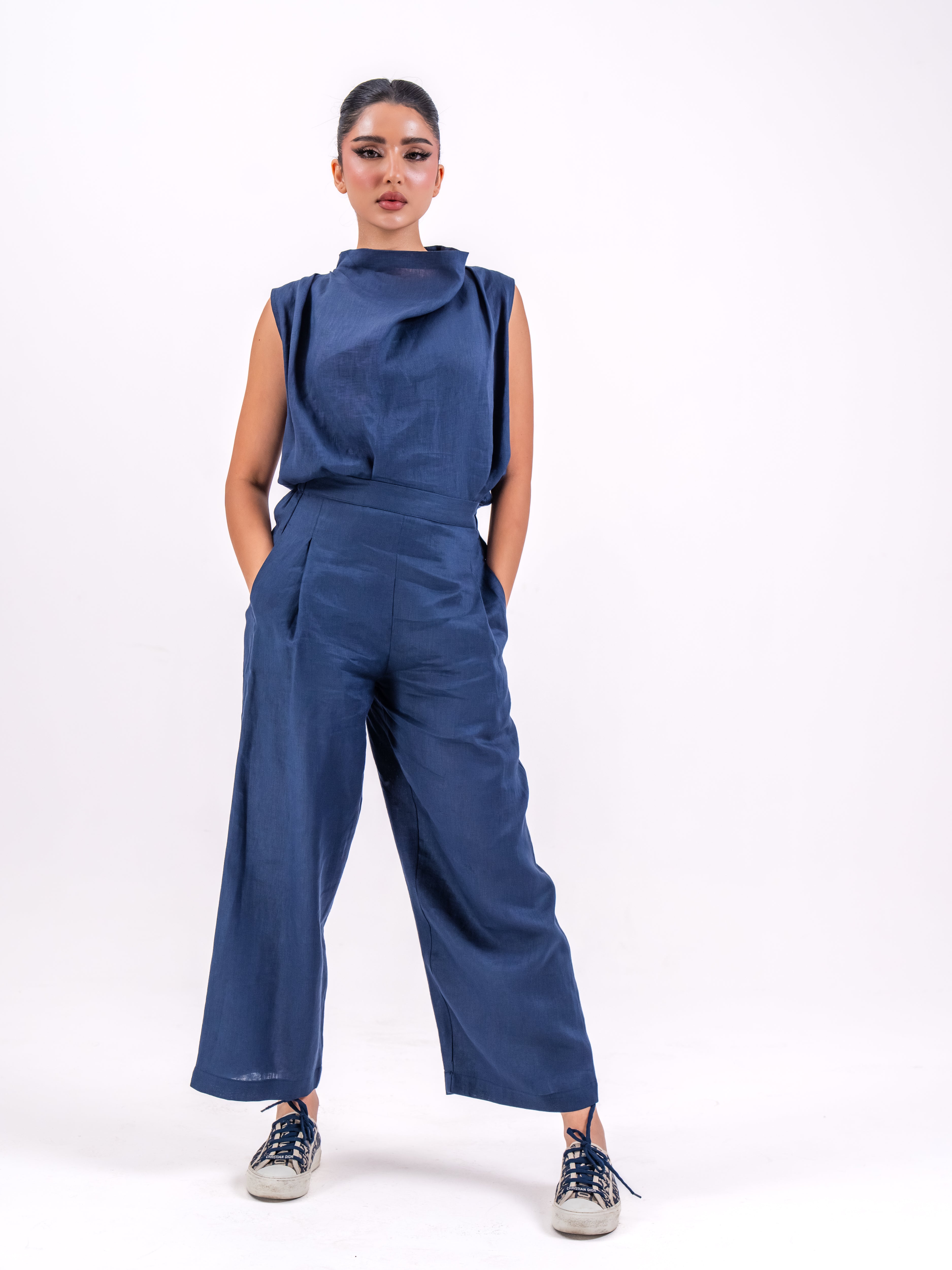 Navy linen blouse and pants set
