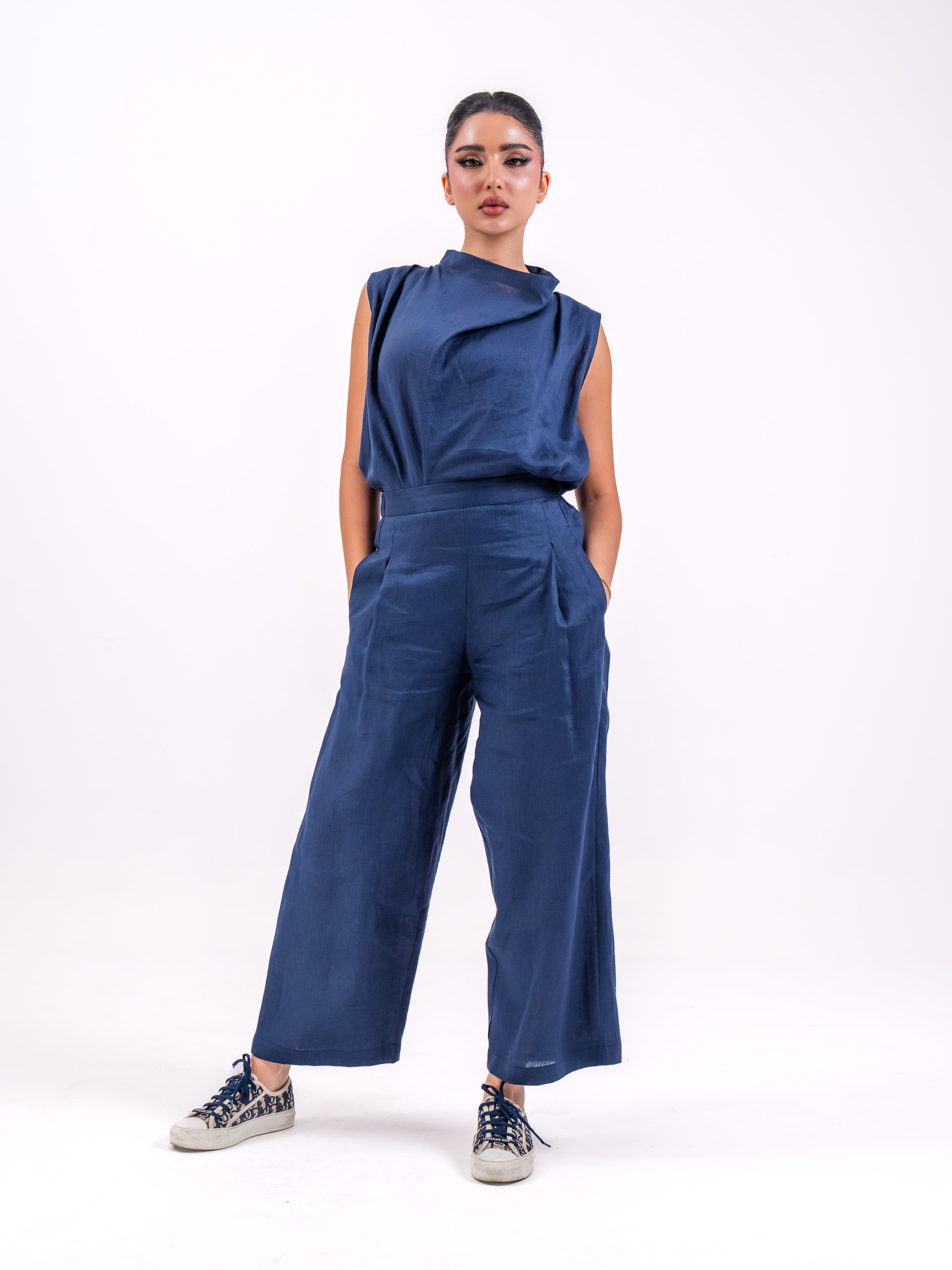 Navy linen blouse and pants set