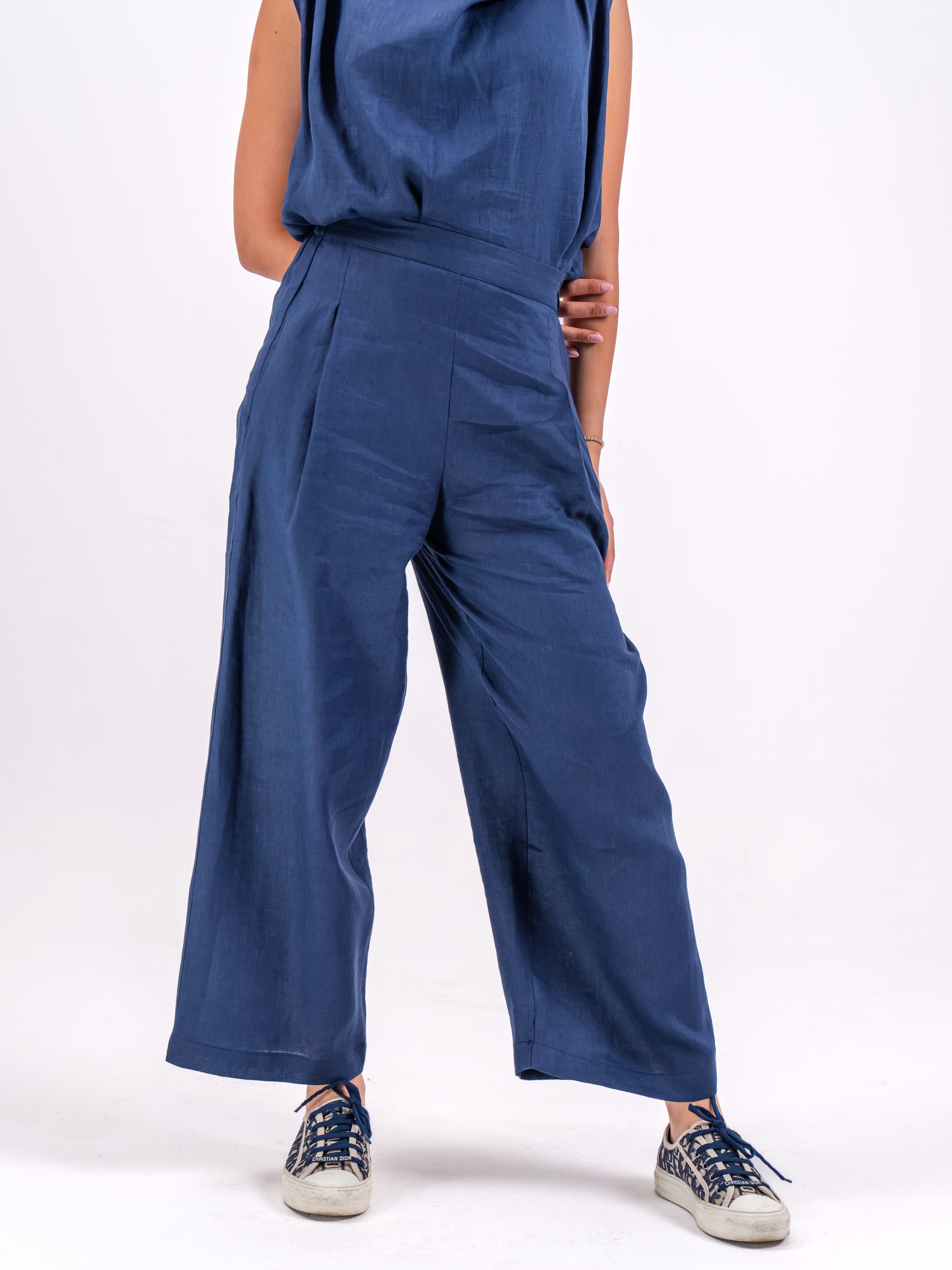 Navy linen blouse and pants set