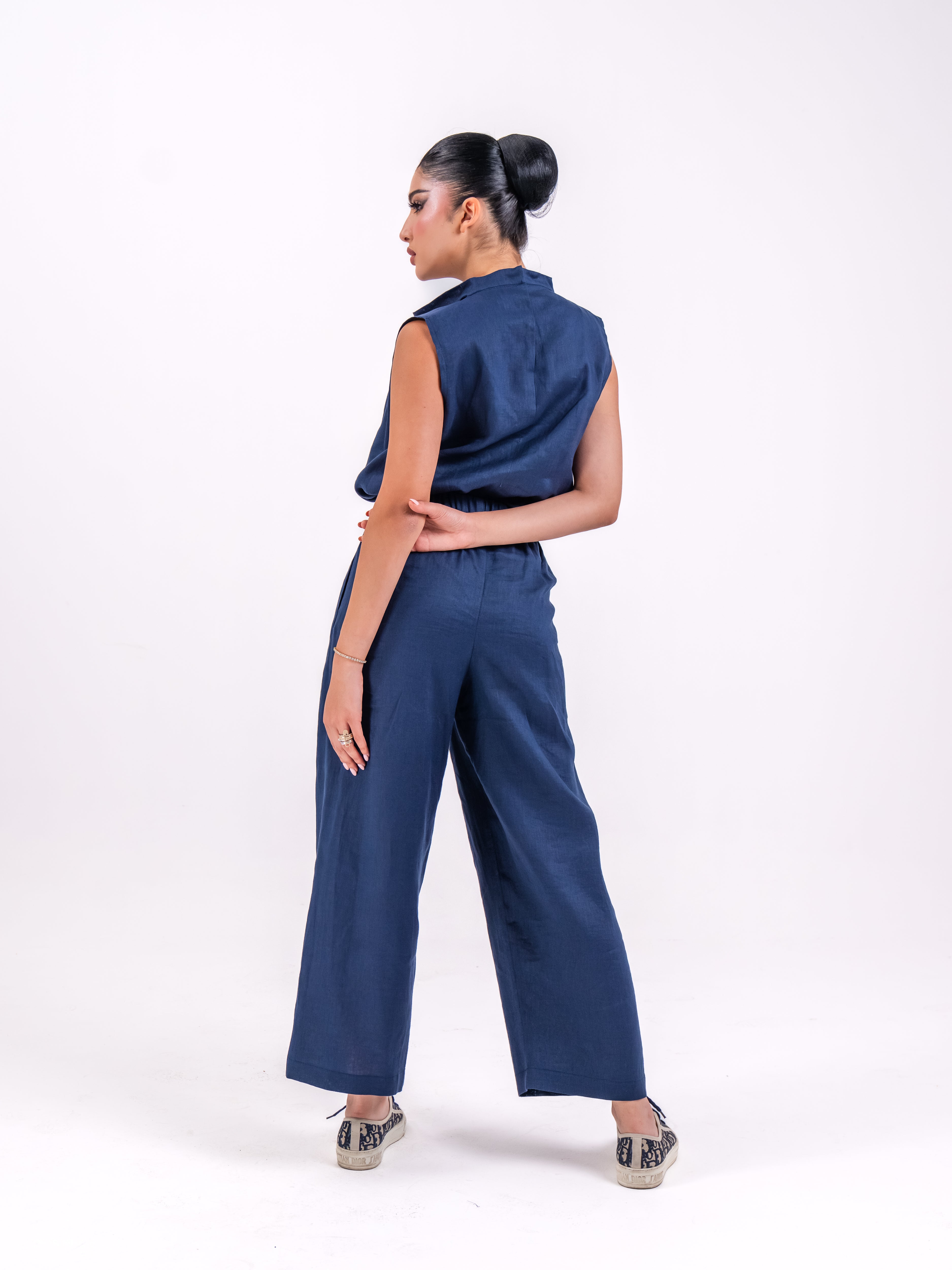 Navy linen blouse and pants set