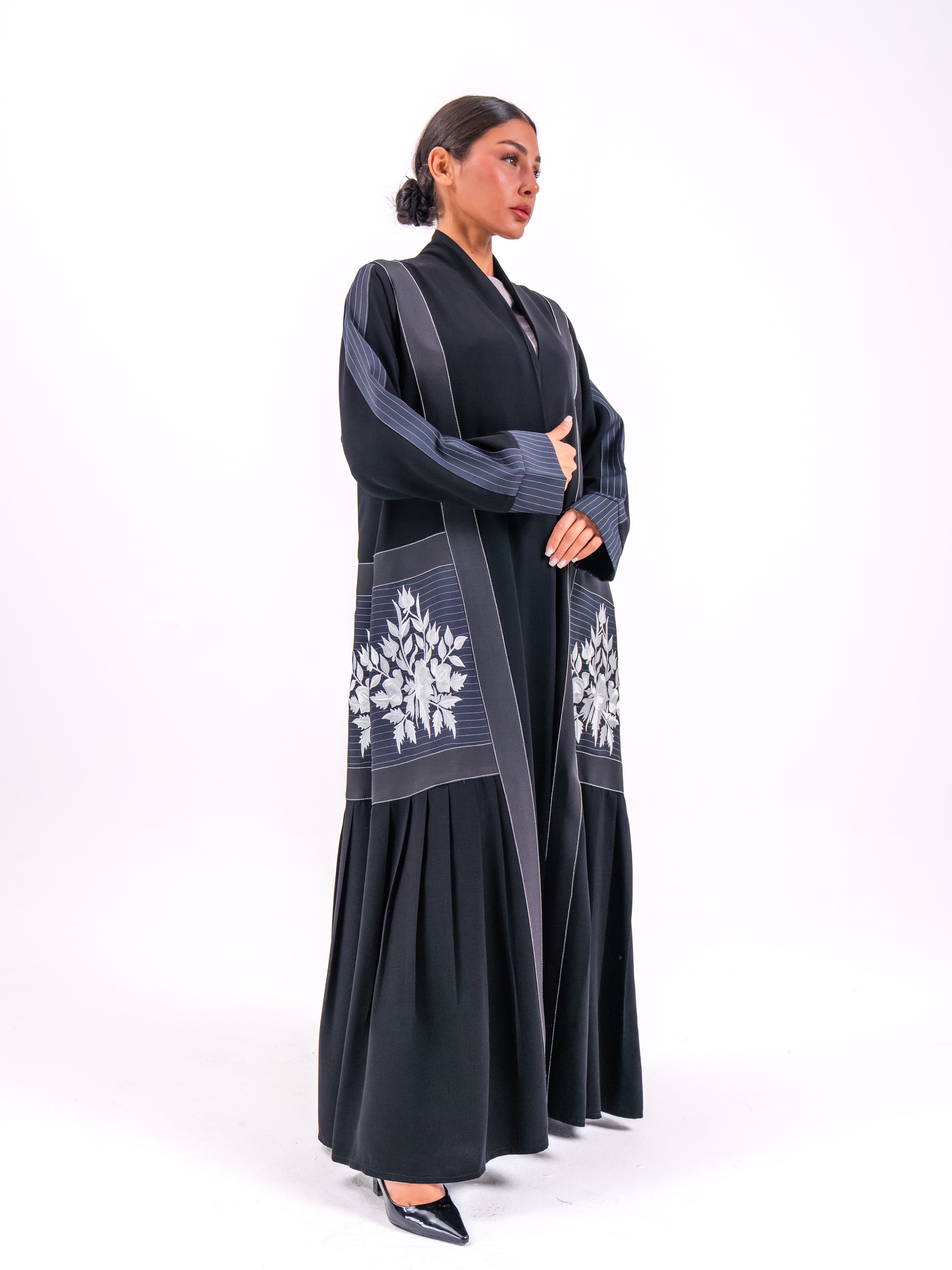 Black Crepe Abaya with Off-White Embroidery
