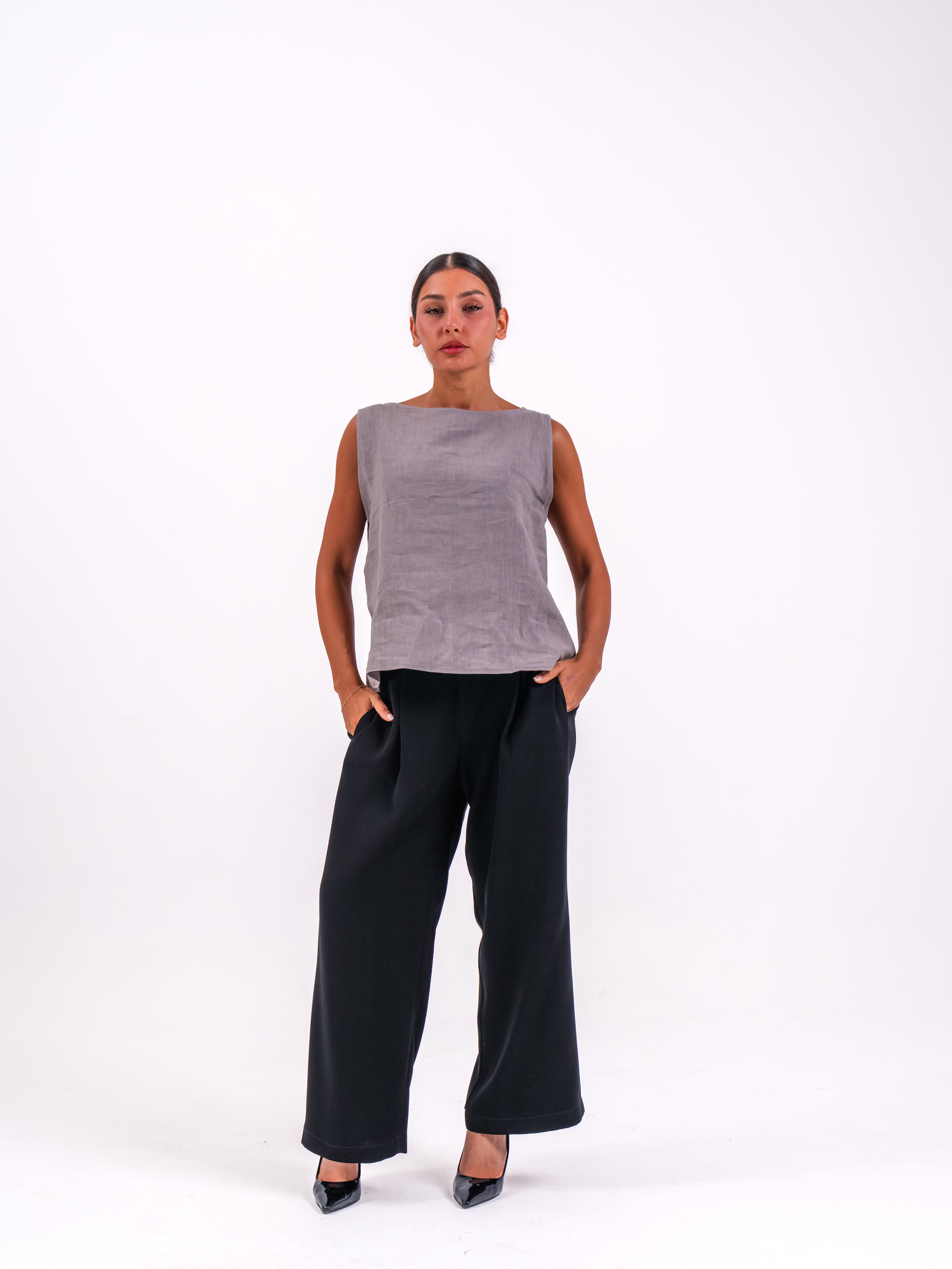 Grey linen blouse and black pants set
