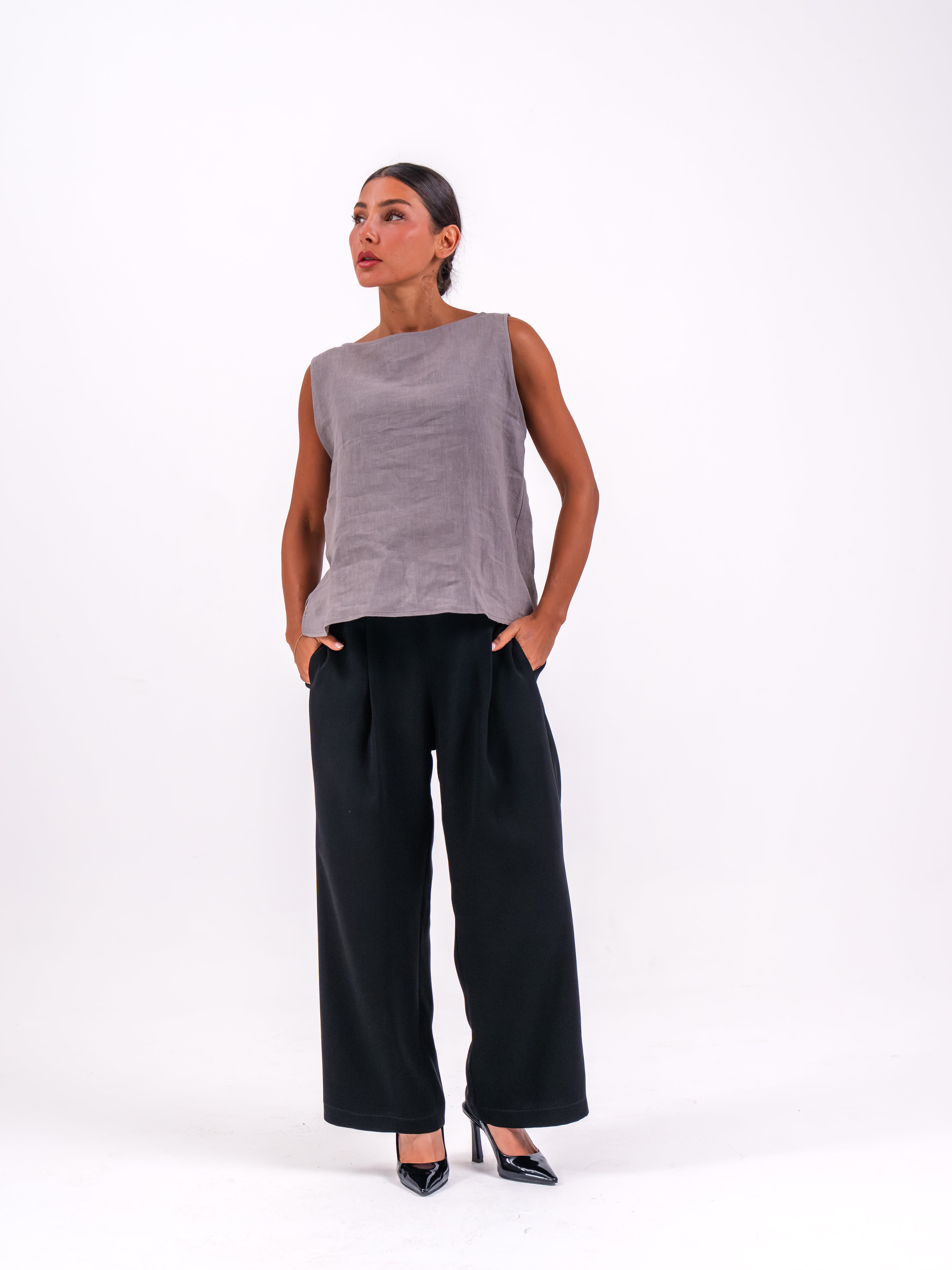 Grey linen blouse and black pants set
