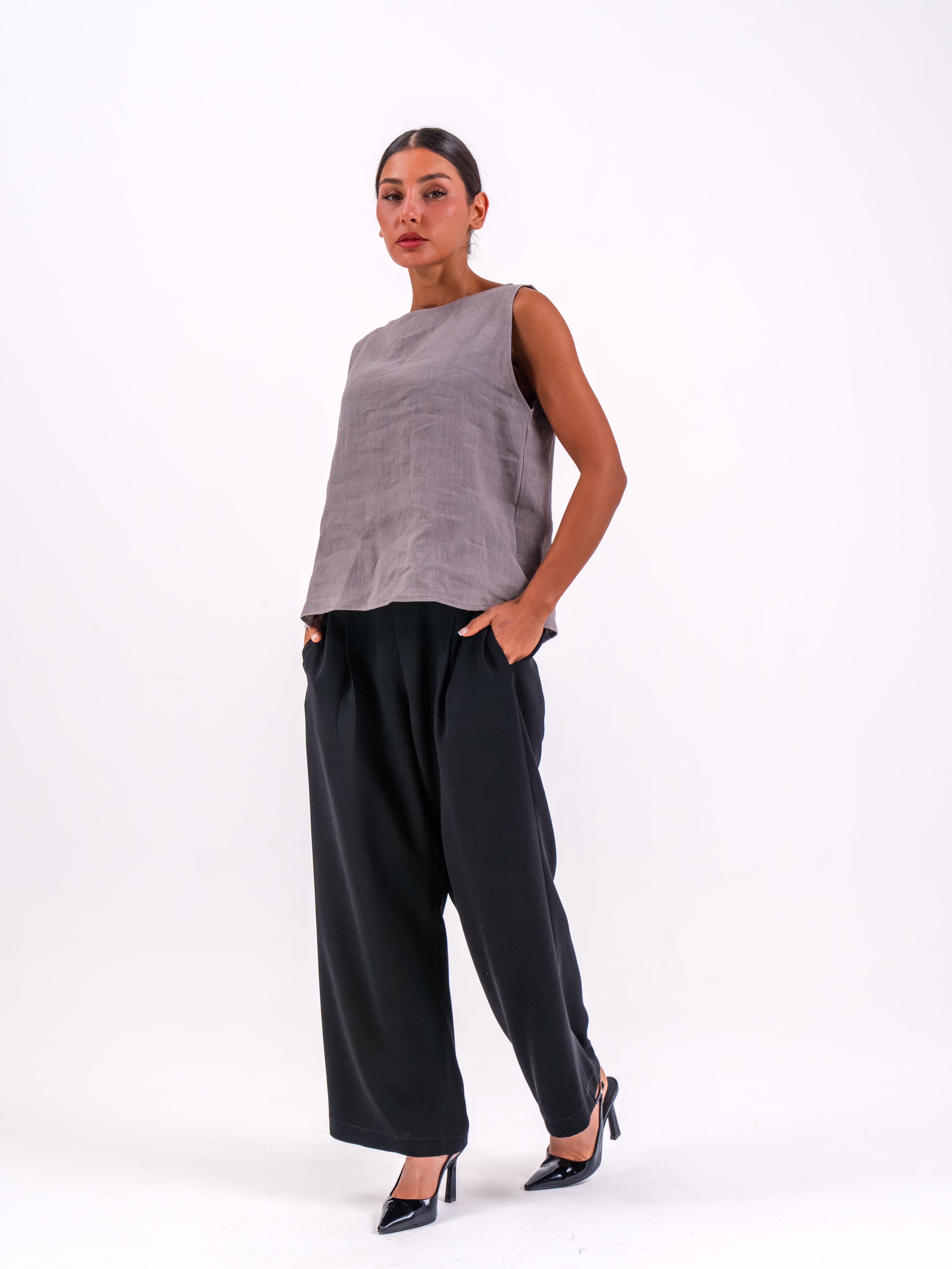 Grey linen blouse and black pants set