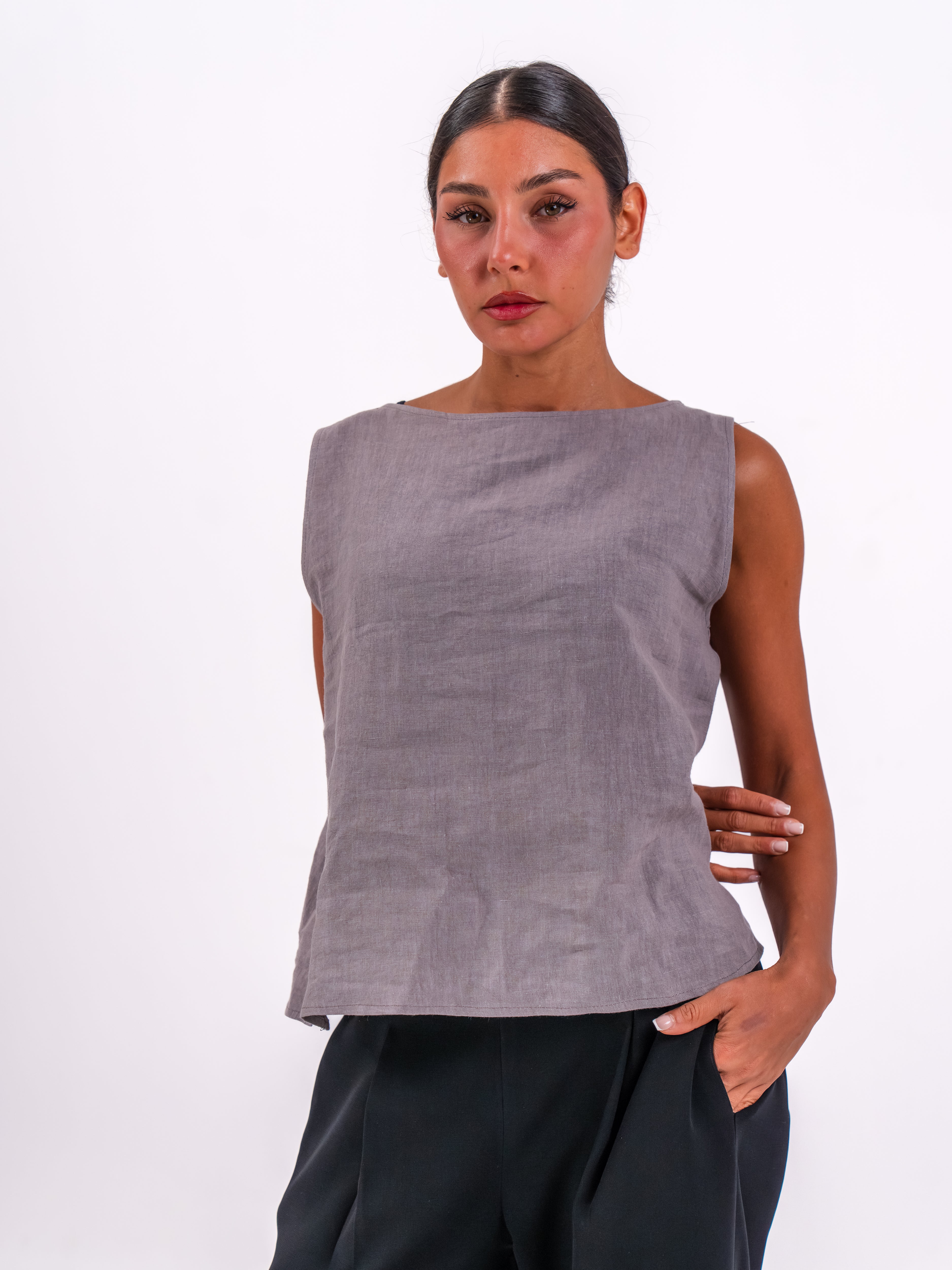 Grey linen blouse and black pants set