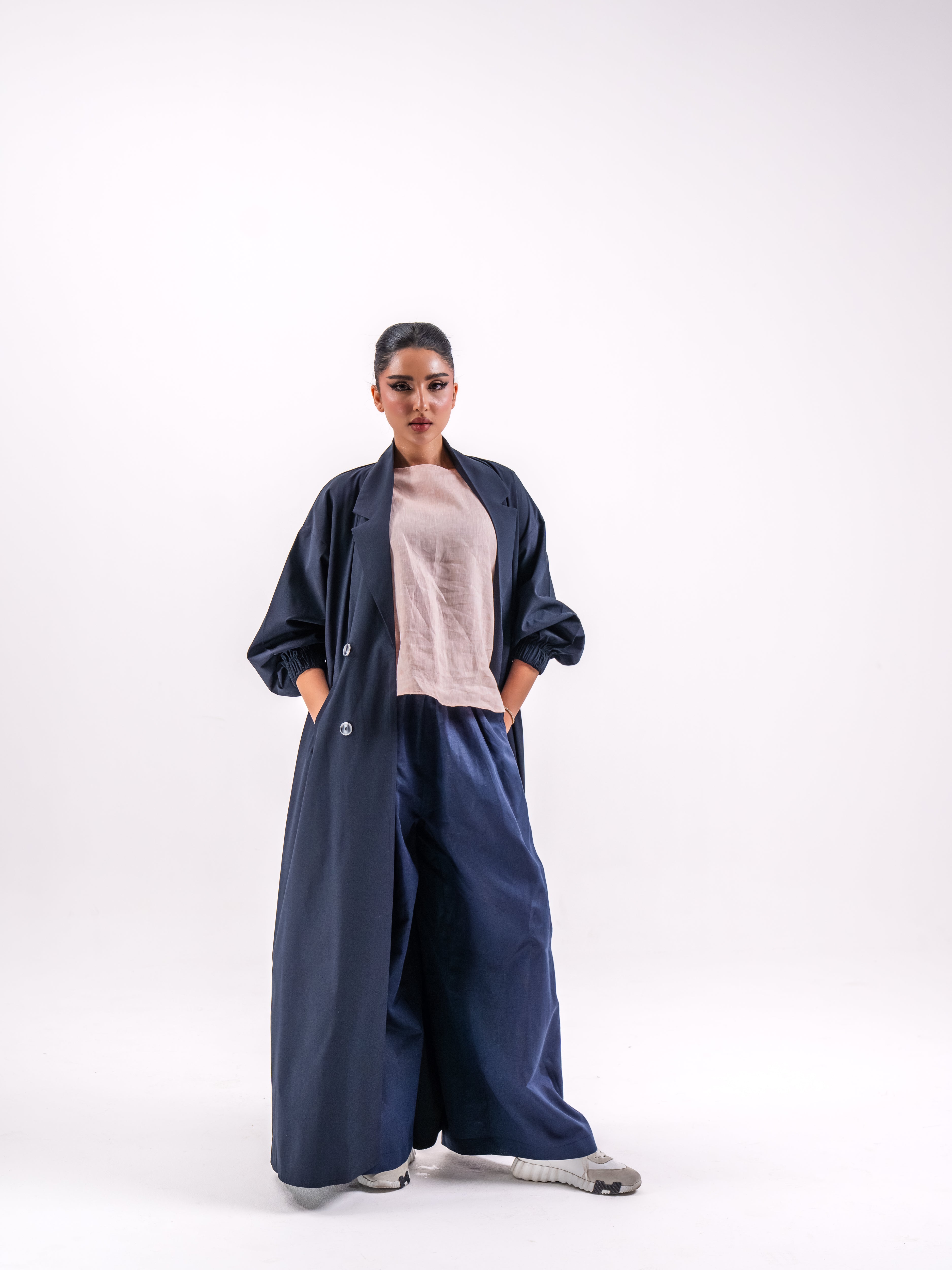 Navy Trench Coat with Back Pleat