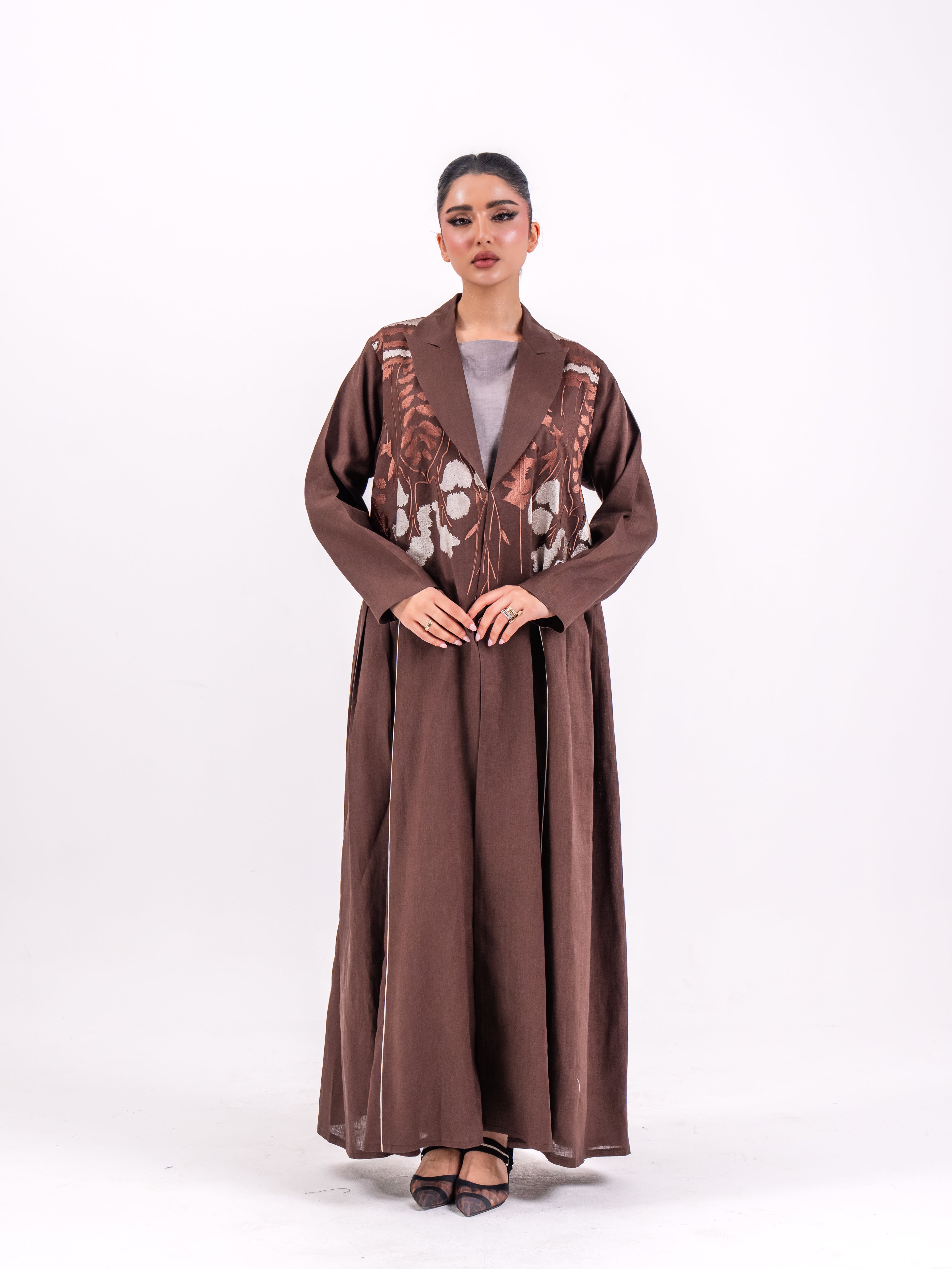 Brown Linen Abaya with Embroidery