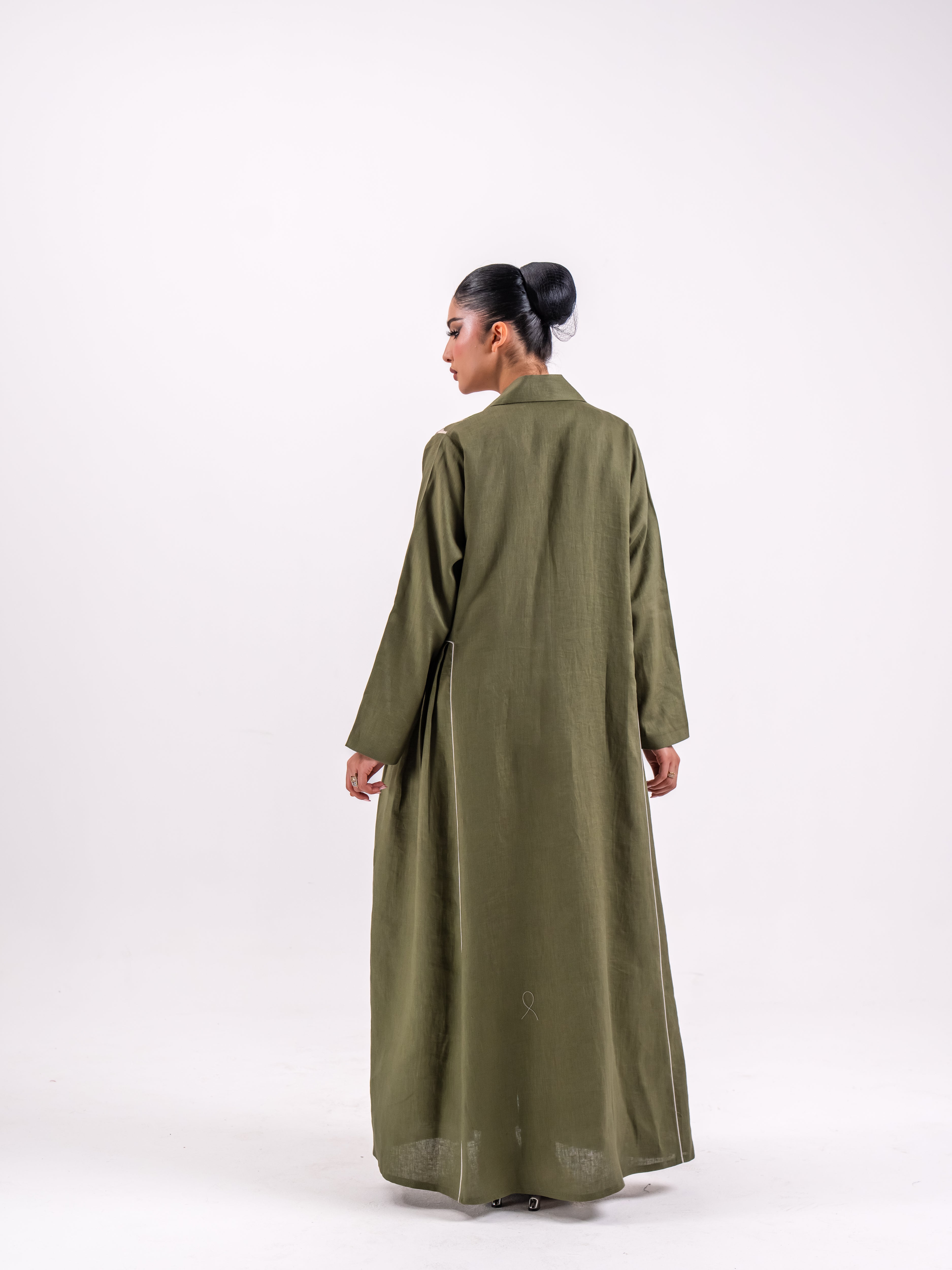 Olive green Linen Abaya with Embroidery