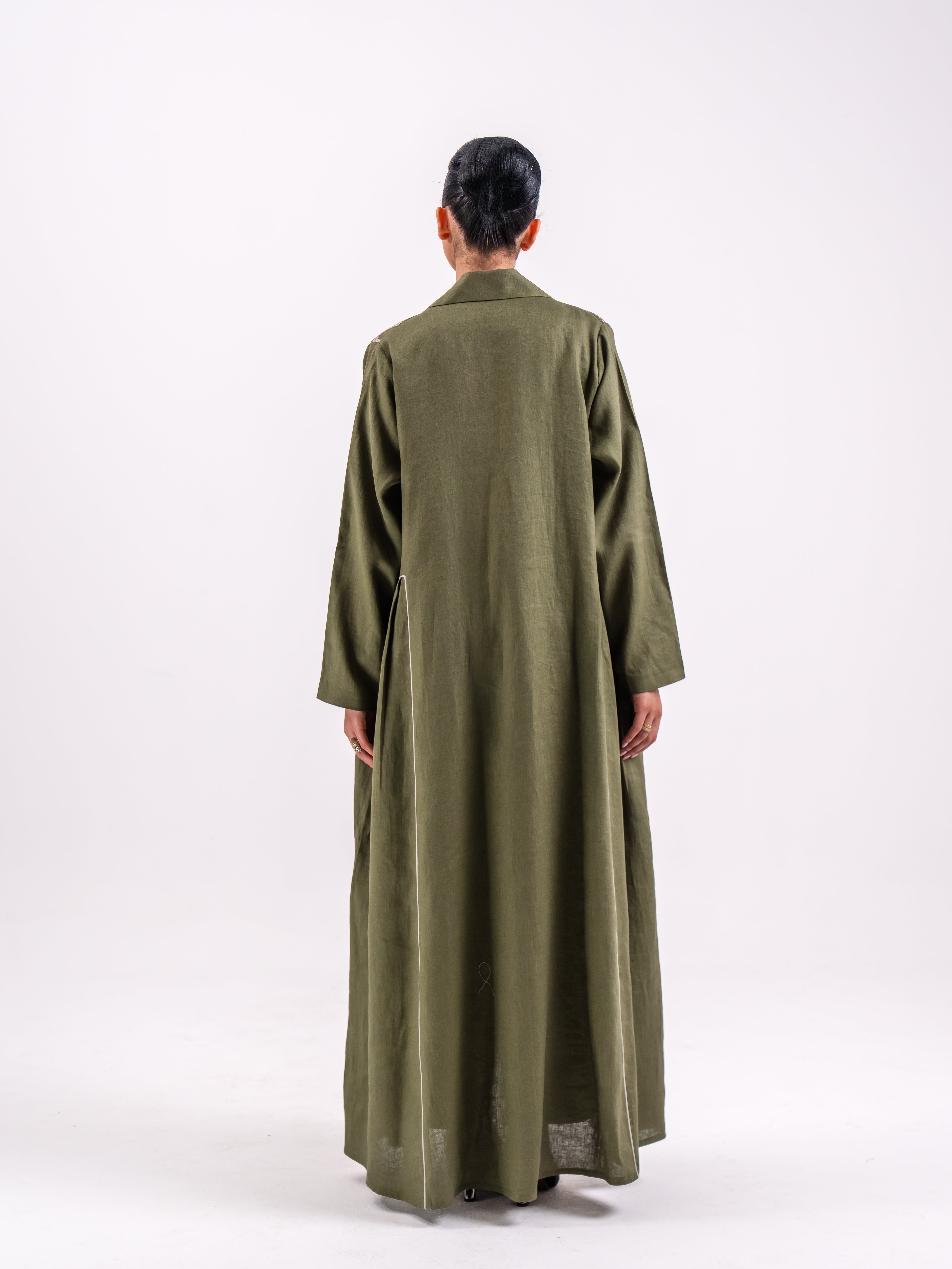 Olive green Linen Abaya with Embroidery