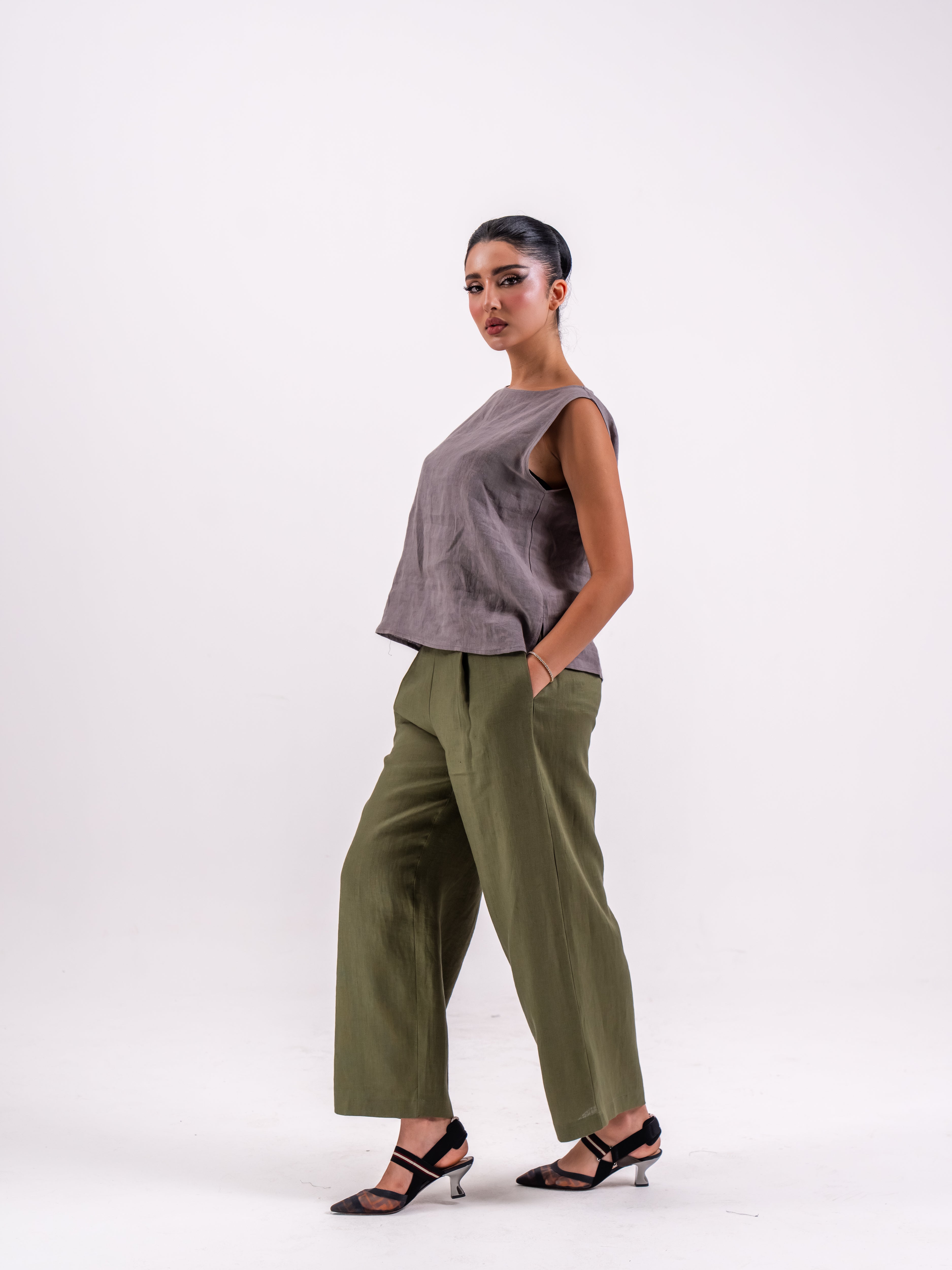 Grey Linen Blouse & Olive Linen Pants Set