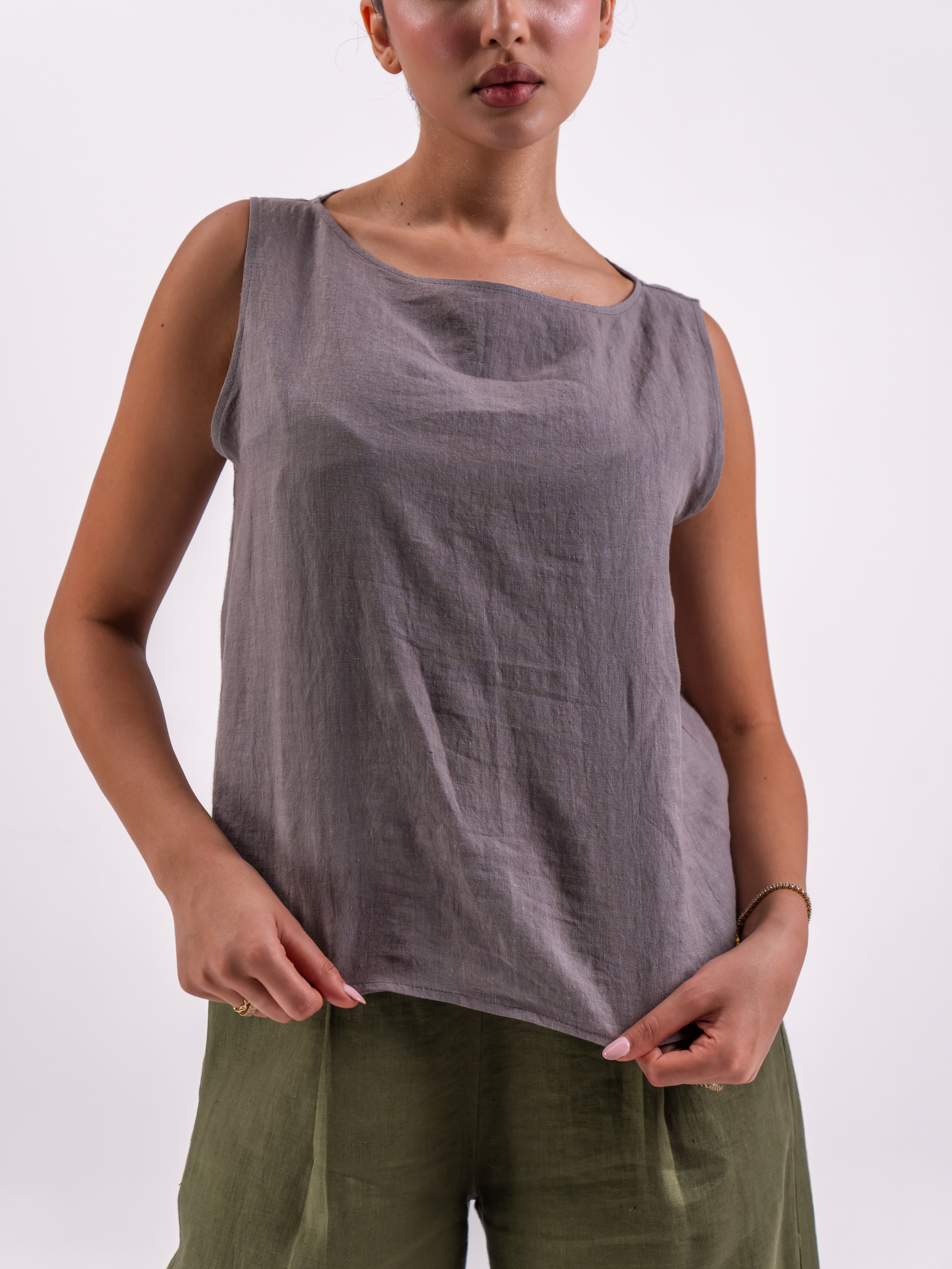 Grey Linen Blouse & Olive Linen Pants Set