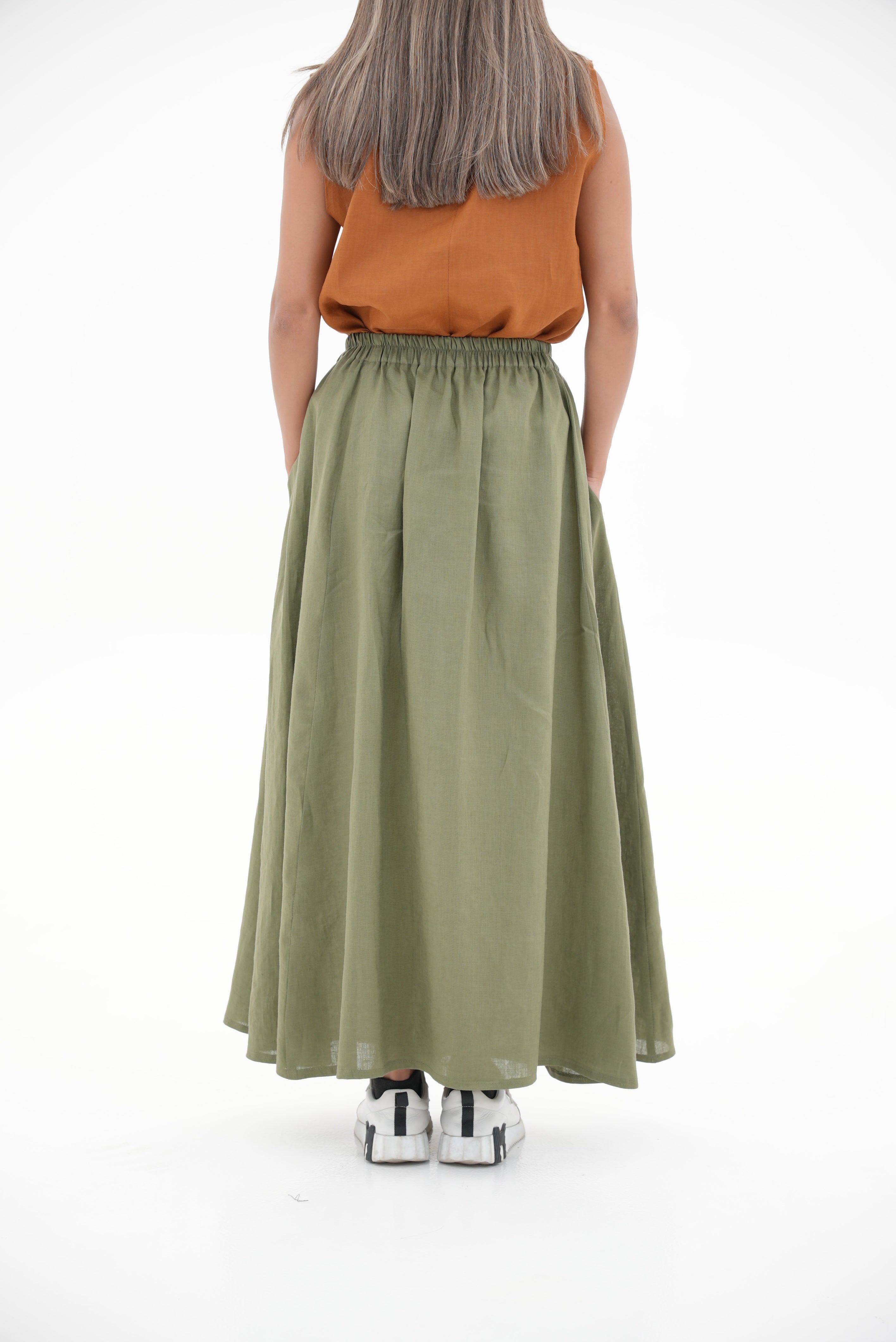 Orange Linen Blouse & Olive Linen Skirt Set-1967