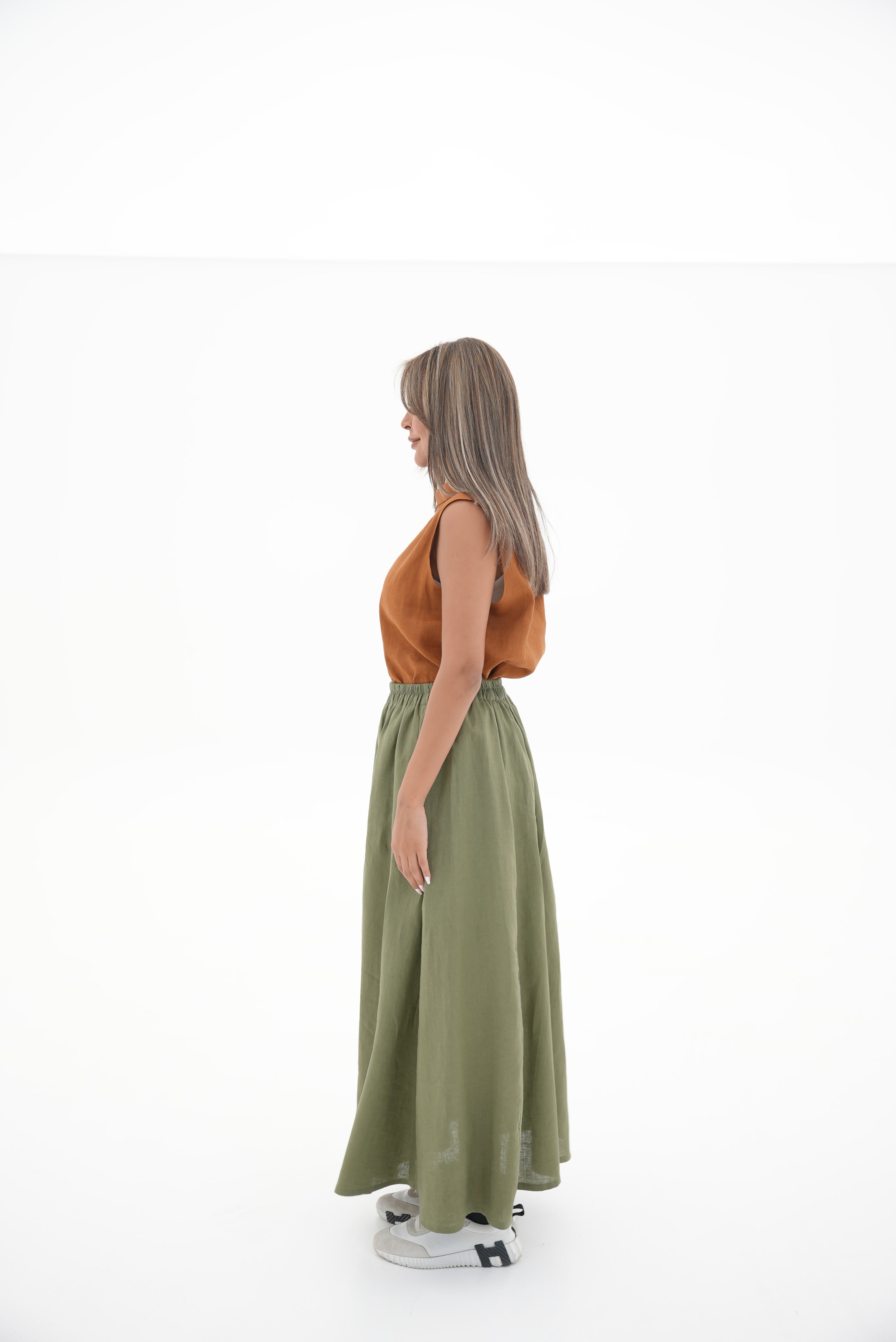 Orange Linen Blouse & Olive Linen Skirt Set-1967
