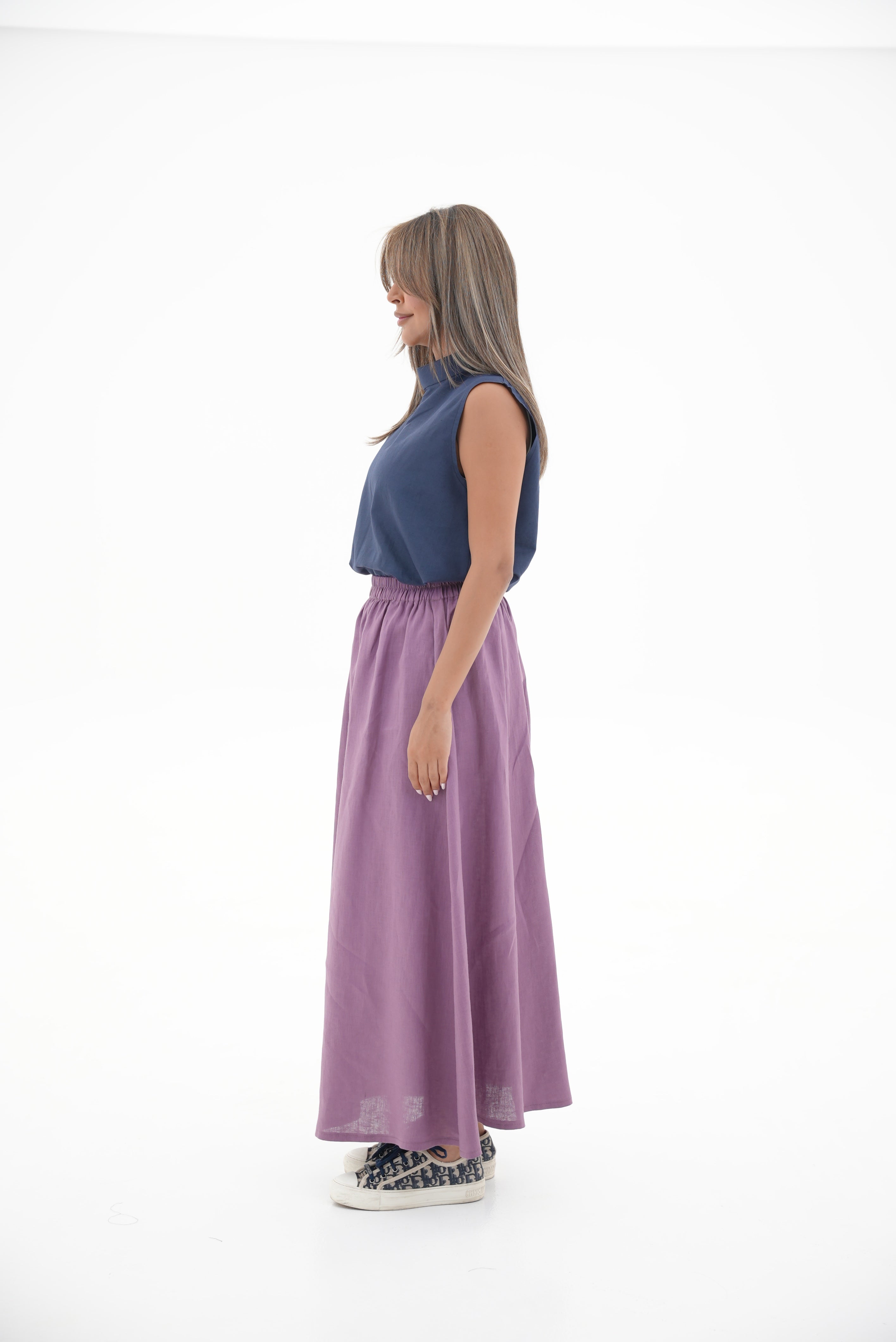 Navy Linen Blouse & purple Linen Skirt Set-1969