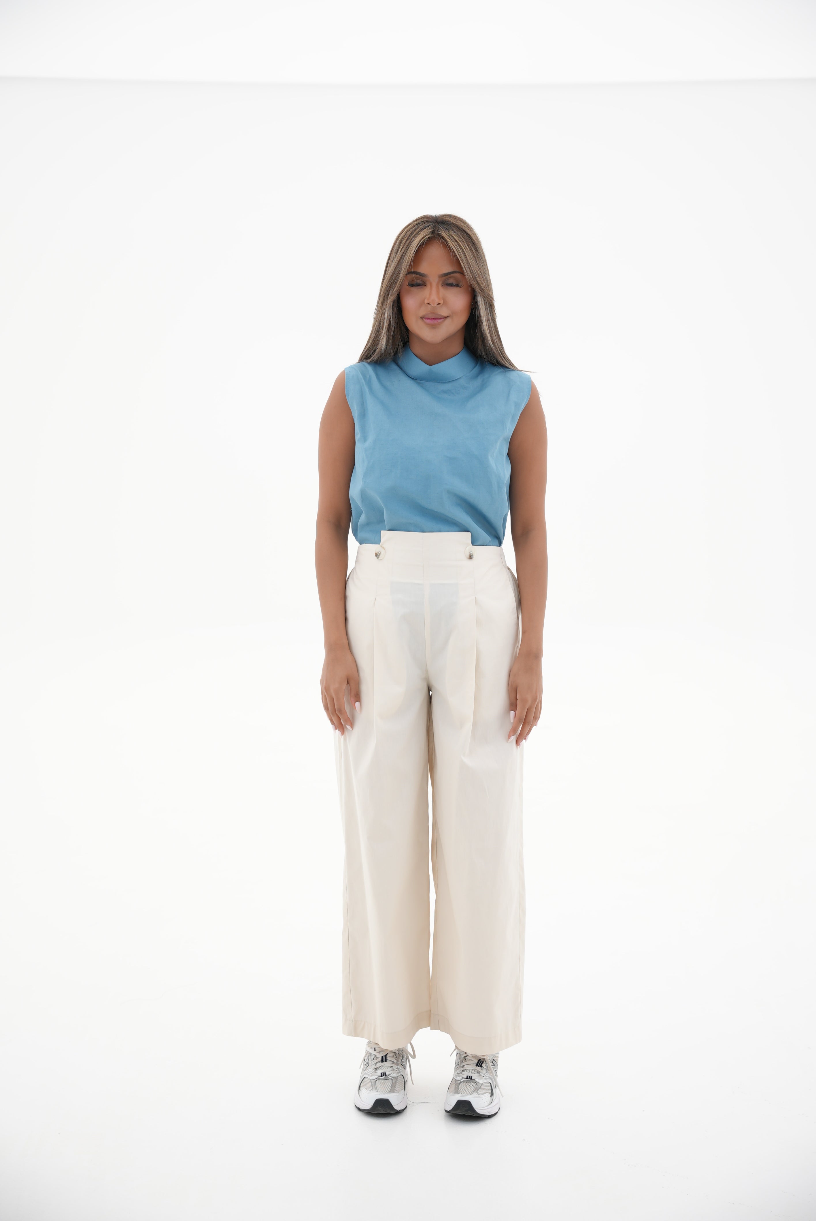 Off-White Trench Coat pants & Blue Linen blouse Two-Piece Set
