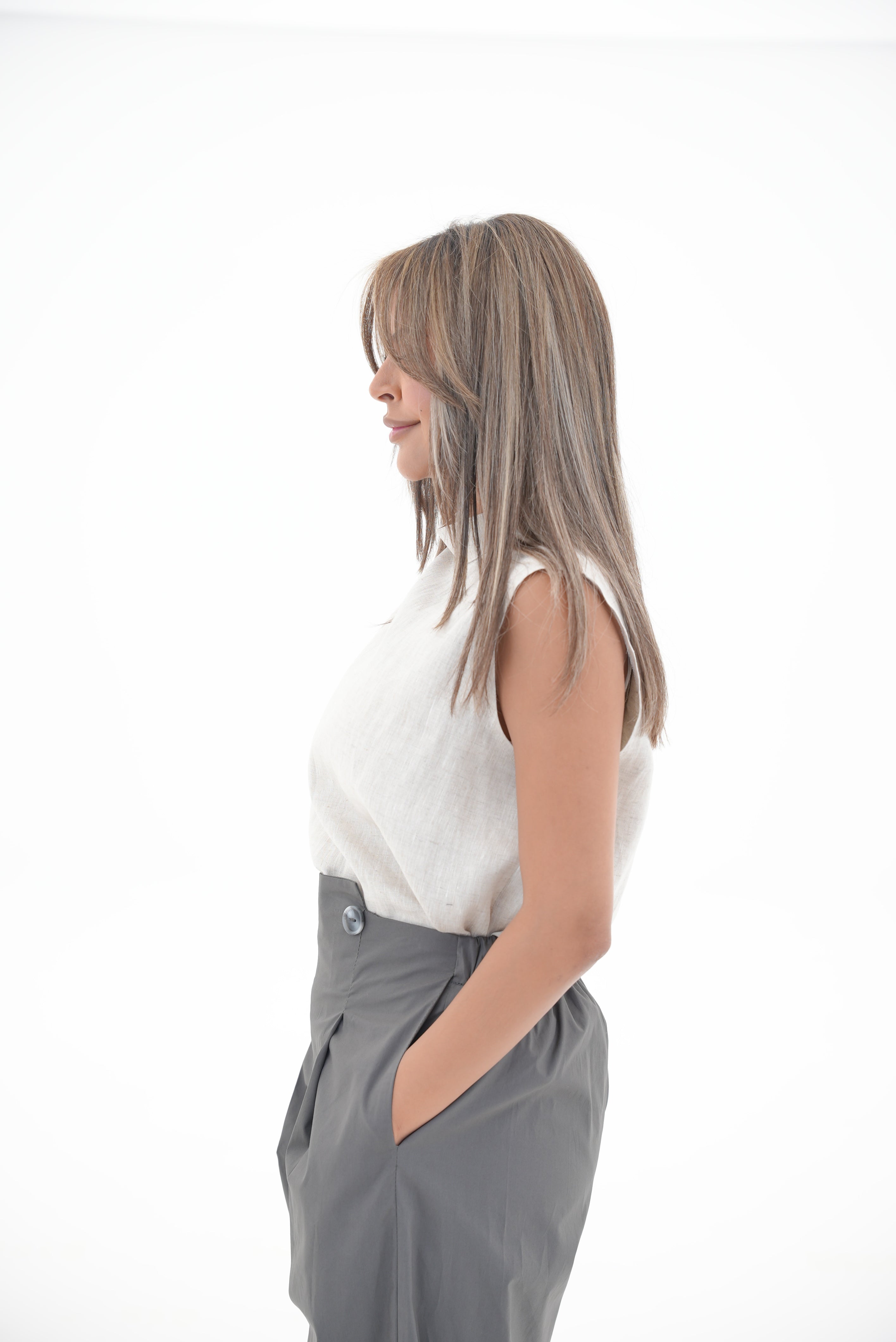 Grey Trench Coat pants & Linen blouse Set-1961