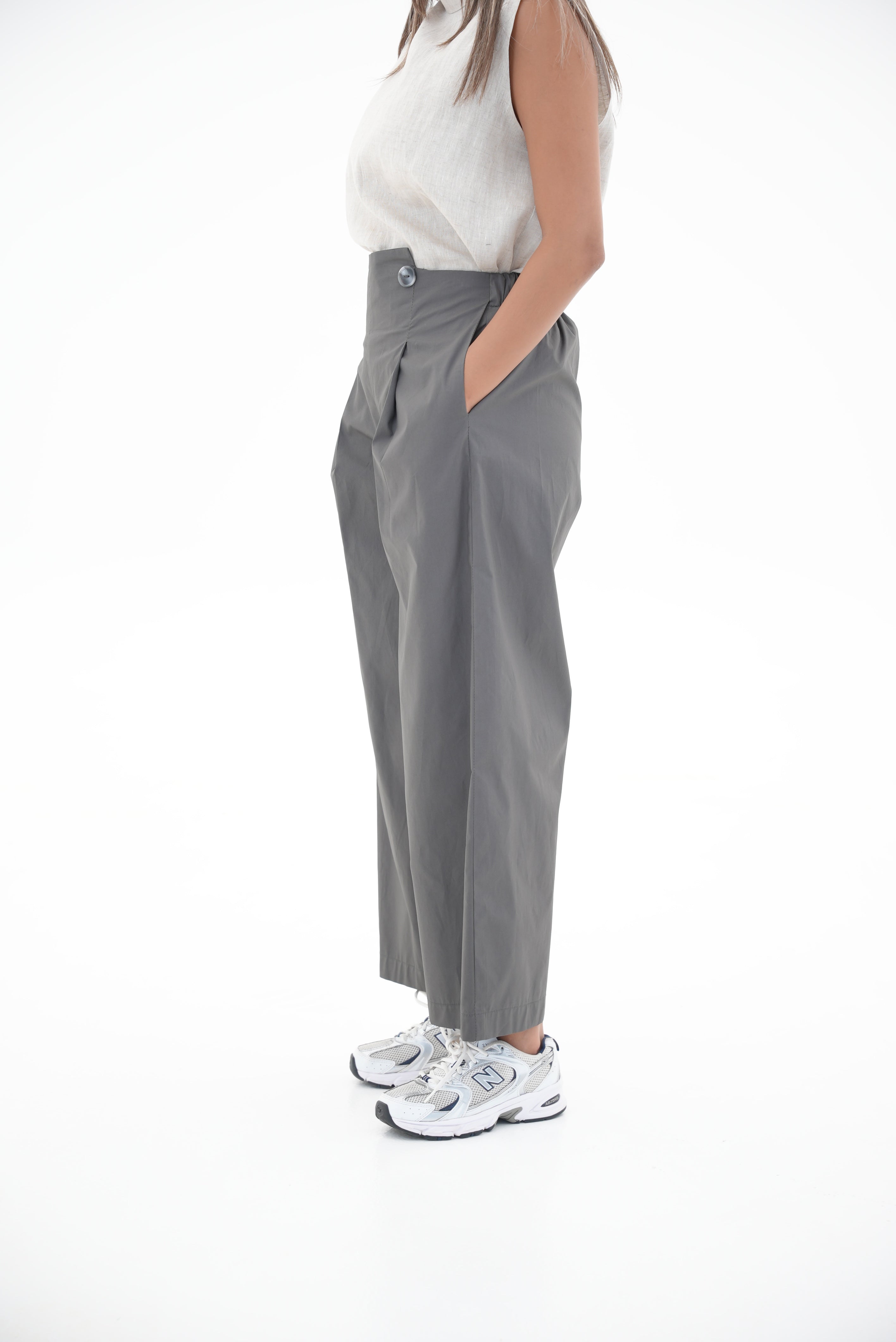Grey Trench Coat pants & Linen blouse Set-1961