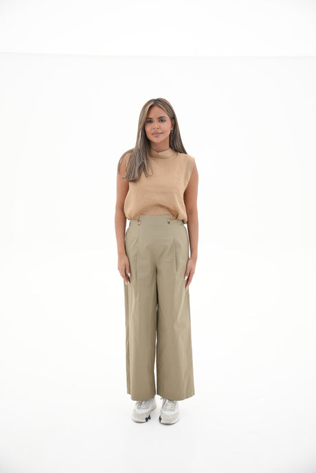 Beige Trench Coat pants & Linen blouse Set -1963