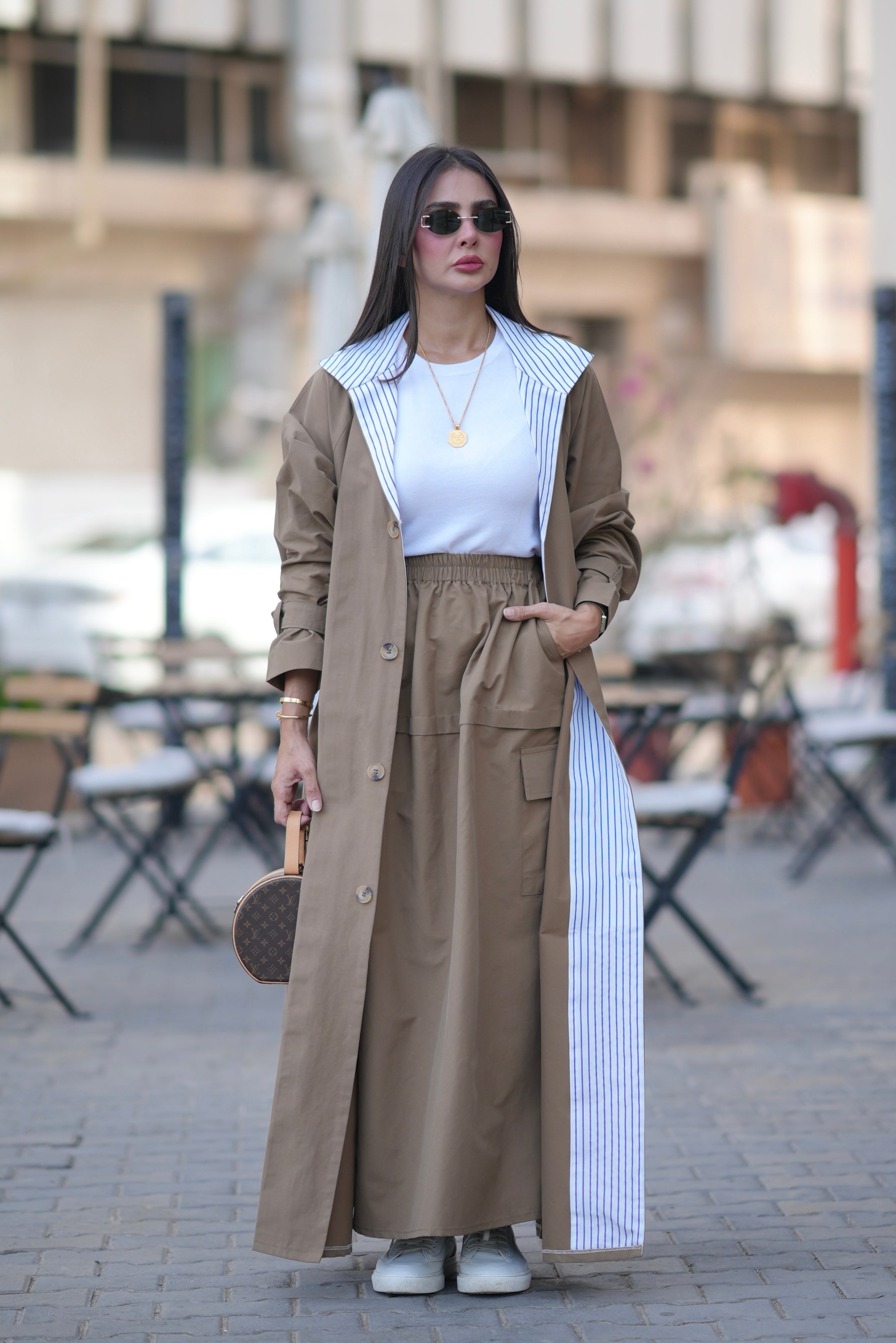 Beige Trench Coat with Striped Trim-free size