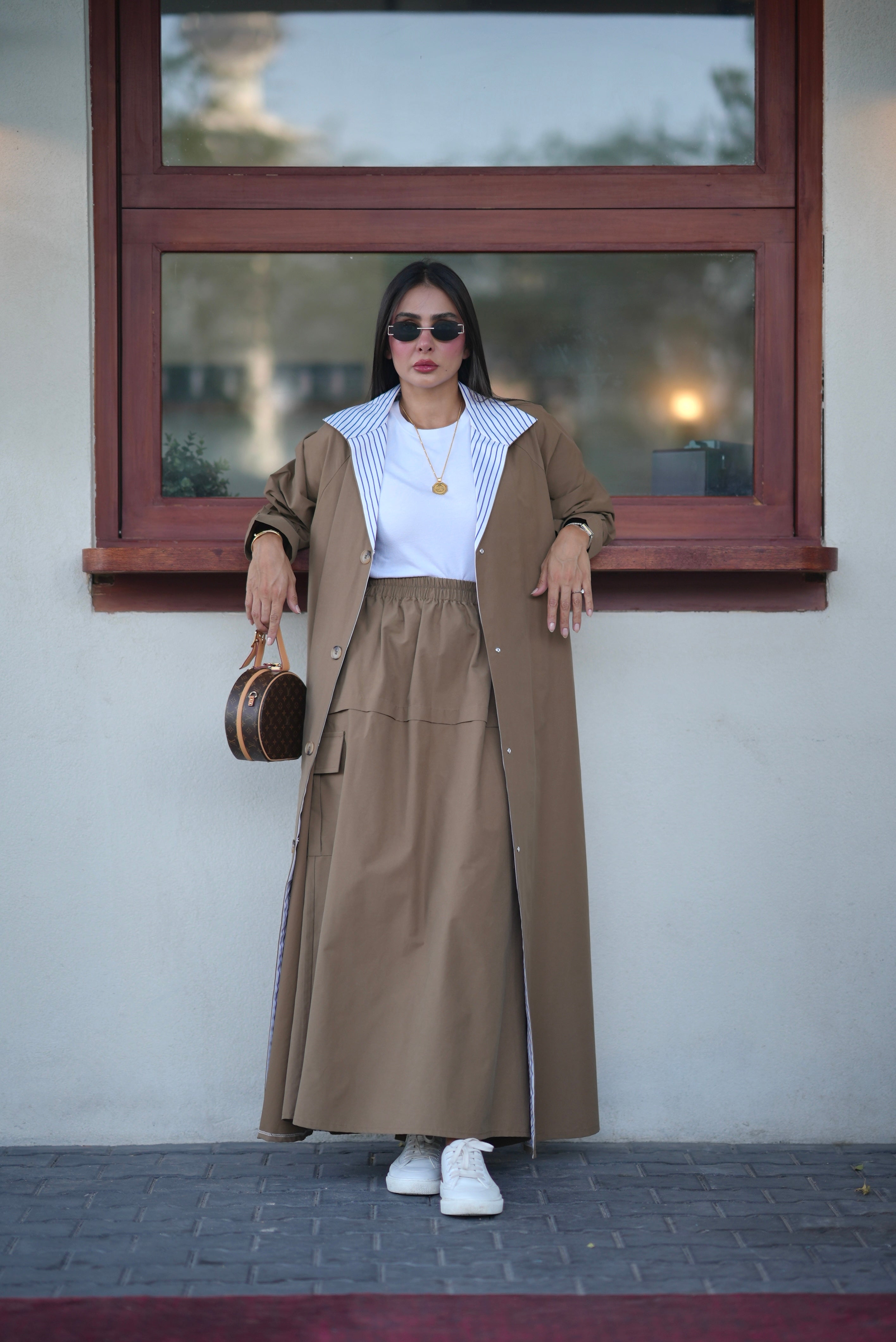 Beige Trench Coat with Striped Trim-free size