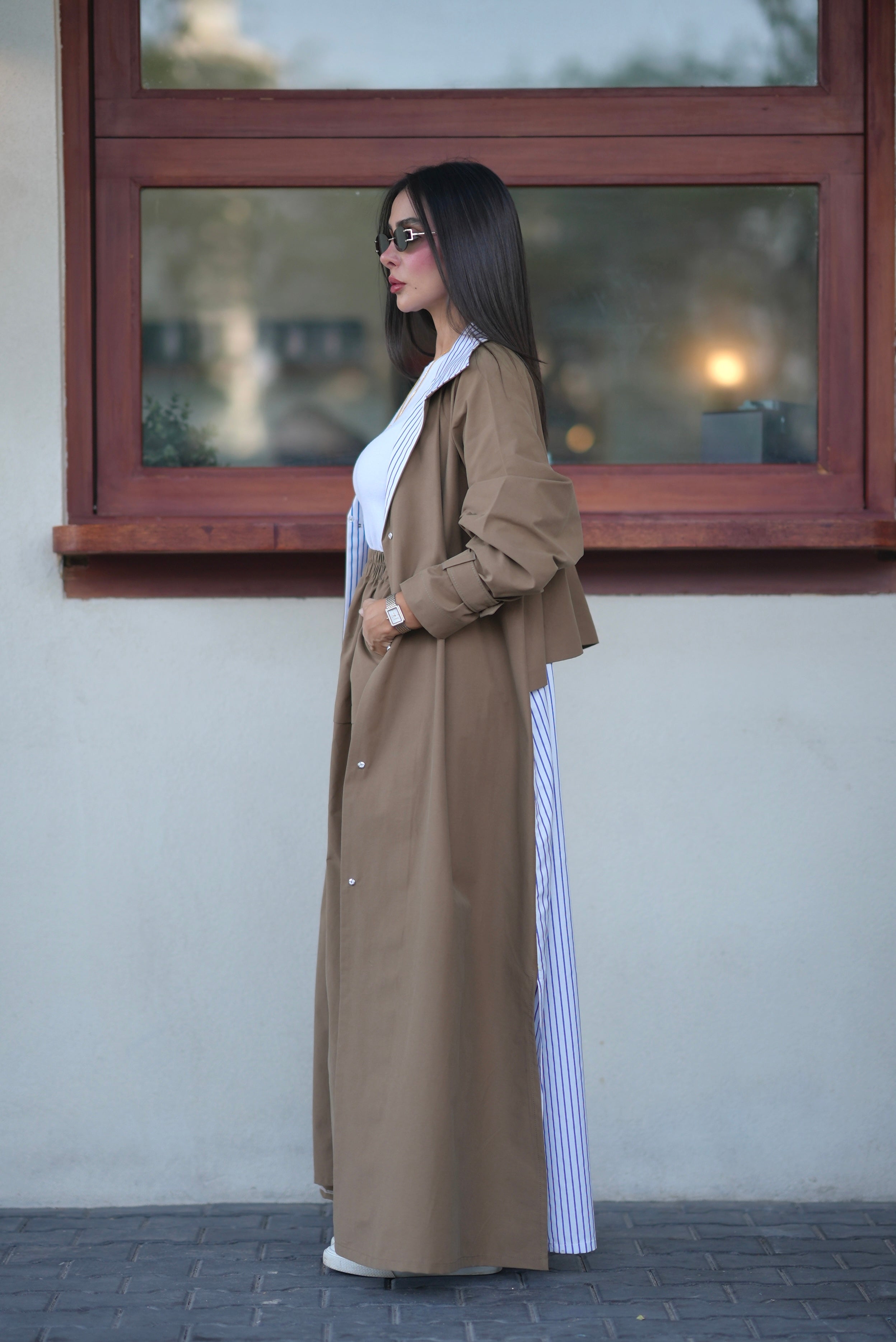Beige Trench Coat with Striped Trim-free size