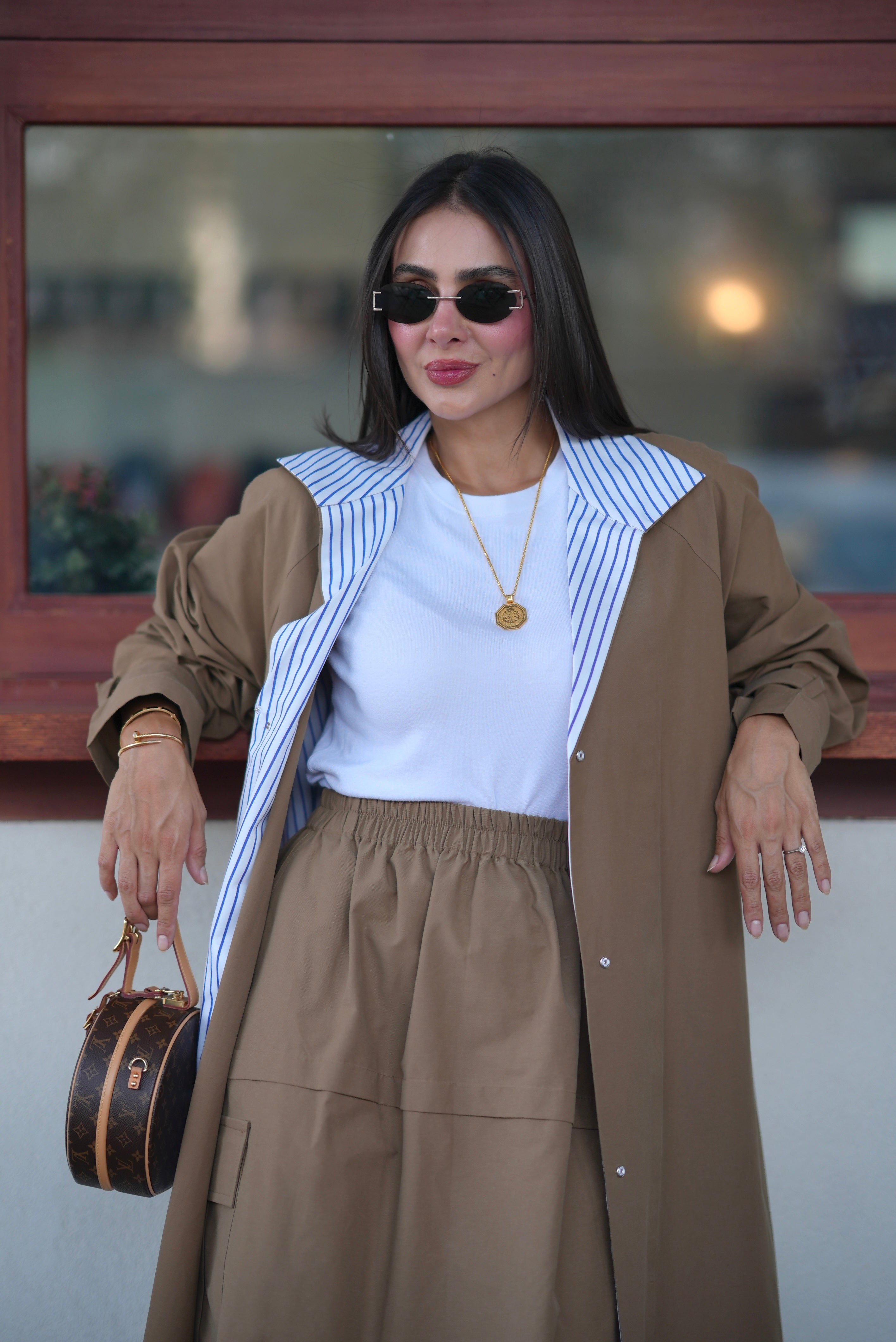 Beige Trench Coat with Striped Trim-free size